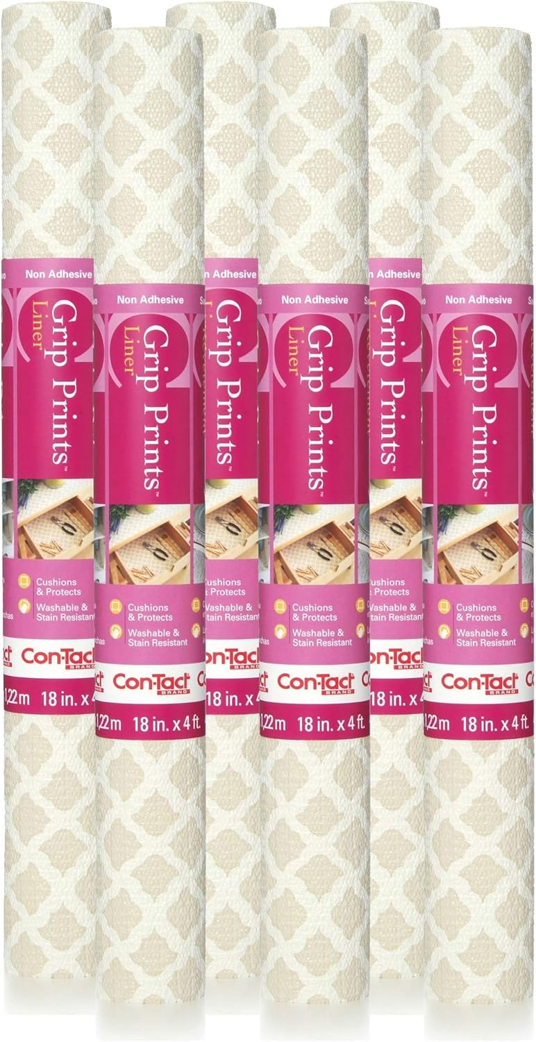 Con-Tact Brand Grip Prints Shelf Liner, Durable and Non-Adhesive Liners, Non-Slip Drawer and Cabinet Liner, 18" x 4', Talisman Taupe, Pack of 6 Rolls