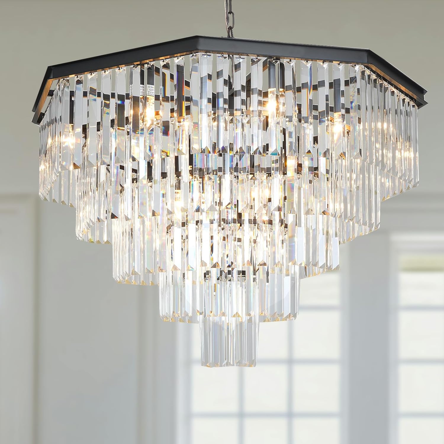 Large Crystal Chandelier 32" Black High Ceiling Chandelier 5-Tier 13 Lights Adjustable Ceiling Light Fixture Hexagon Pendant Lighting for Dining Room Foyer Living Room Bedroom Hallway