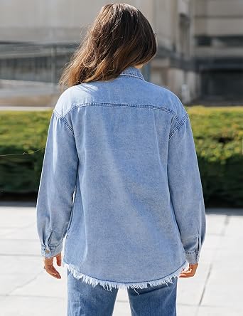 LookbookStore Jean Jacket Women Trendy Oversized Button Down Long Sleeve Frayed Hem Denim Shirt Jackets Distress Shacket