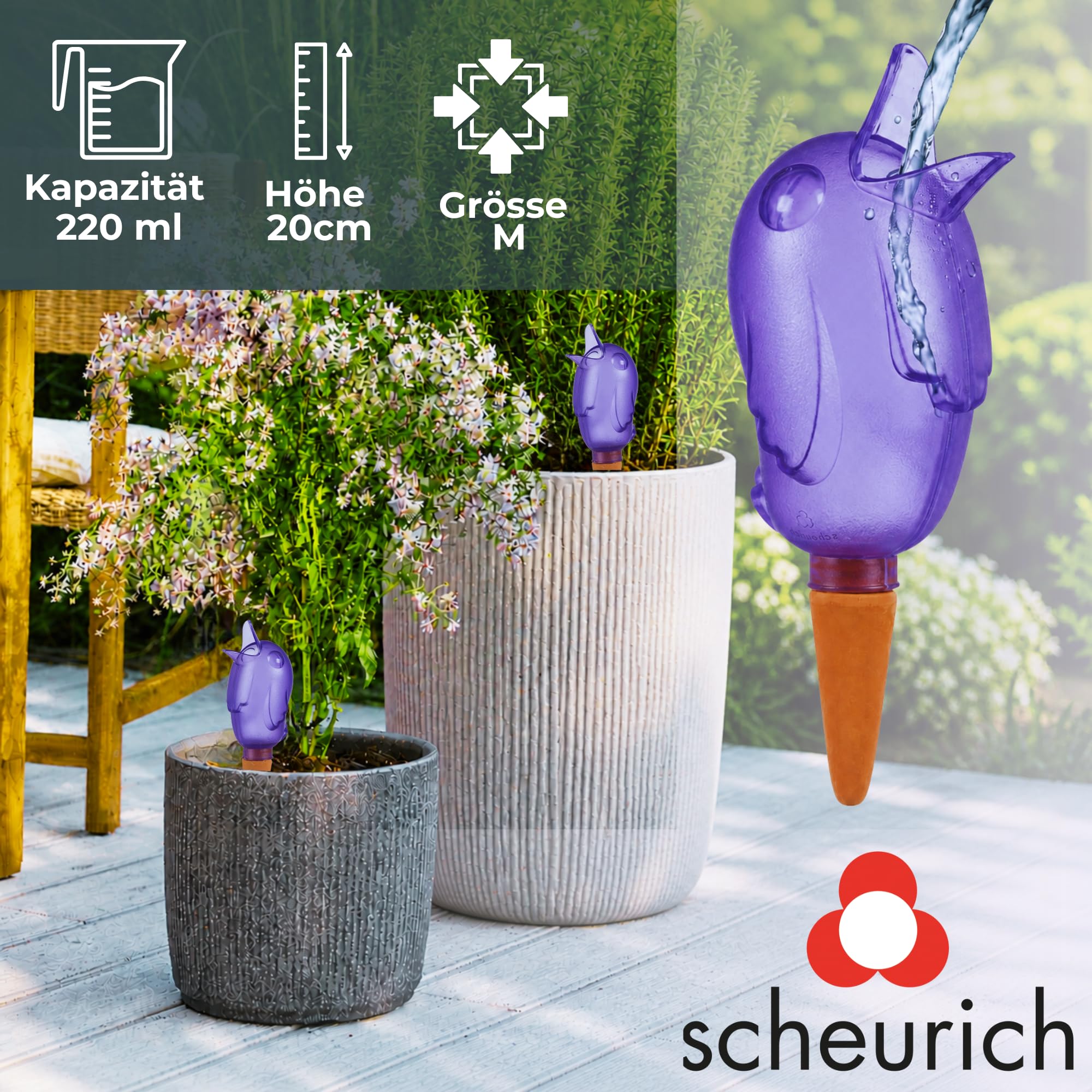 Scheurich Dozownik wody Bördy M | 12 x liliowy | pojemność 220 ml | mała kula nawadniająca z glinką | dozownik wody do roślin pokojowych i kwiatów, trzonek z terakoty
