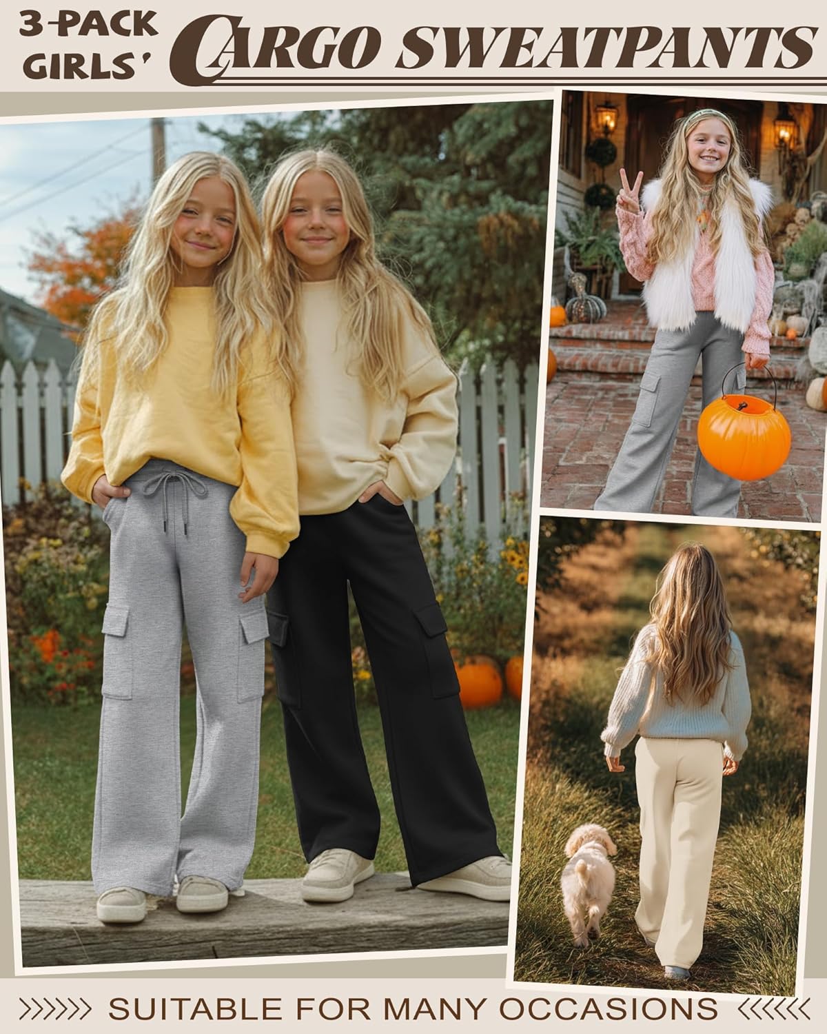 3 Pack Girls Wide Leg Sweatpants Kids Cargo Baggy Pants Drawstring Casual Athletic Joggers for Teens 5-14 Years - Image 2