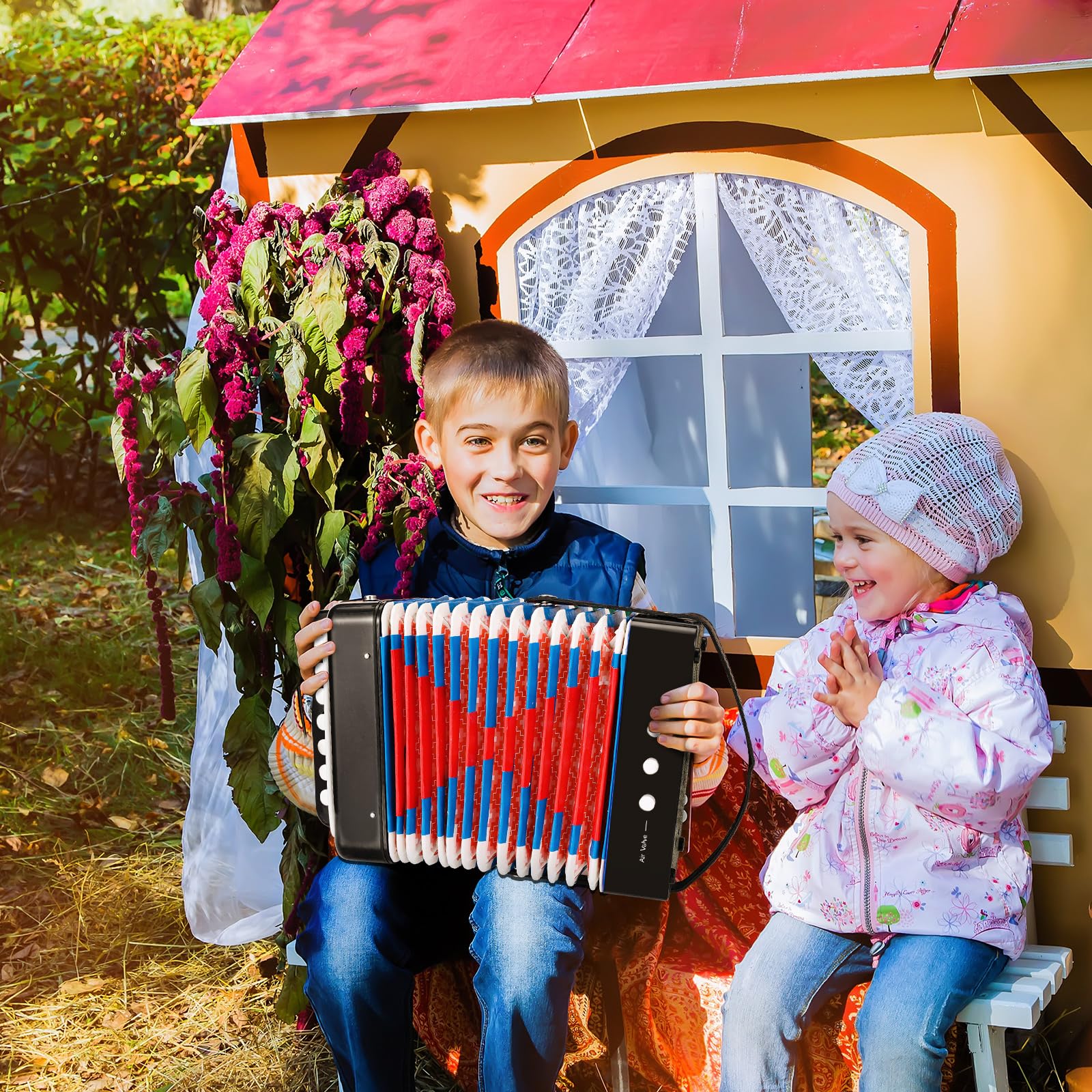 Akkordeon Kinder Ziehharmonika, 10 Tasten Knopf Akkordeon mit Riemen, Ziehamonikar Musikinstrument Geschenk für Anfänger, Akkordeon Erwachsene und Kinder ab 3 Jahre, Schwarz