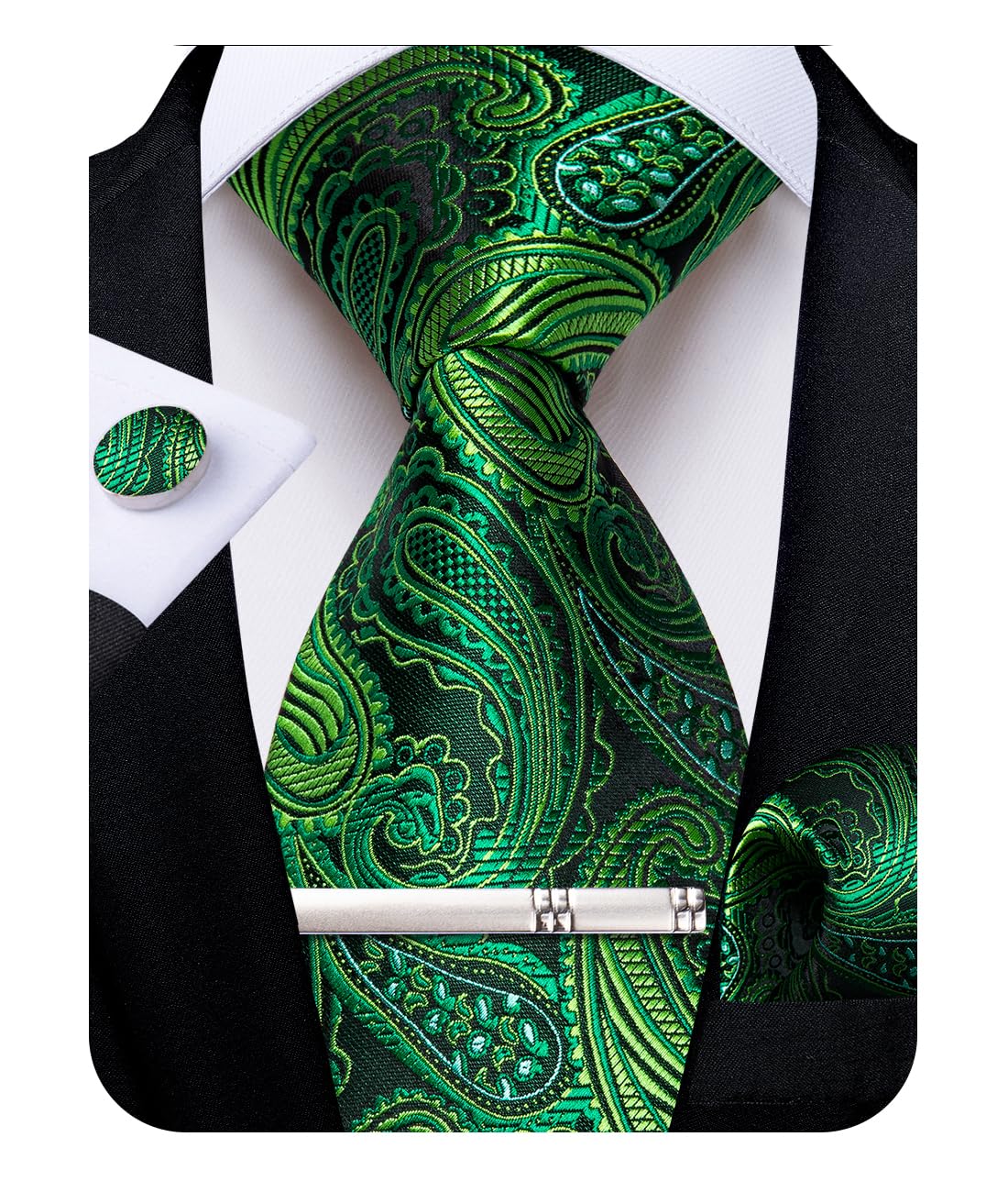 DiBanGu Juego de corbata tejida de seda para hombre, diseño floral de cachemira, con gemelos cuadrados de bolsillo, clip de corbata para boda y negocios