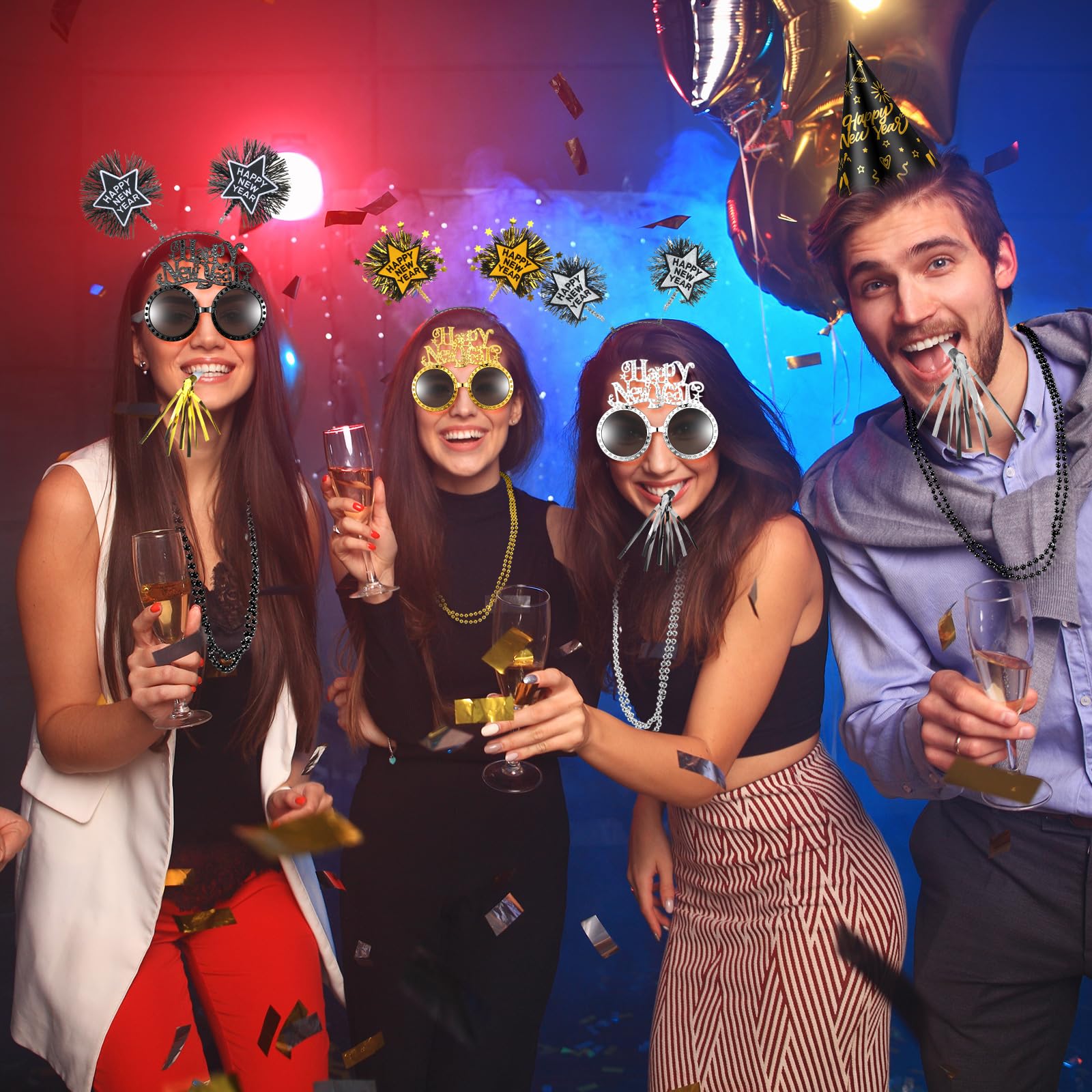 Suministros de fiesta de Año Nuevo 2025, suministros de fiesta de Año Nuevo, diadema, sombrero de papel, gafas, collar de cuentas, fabricante de ruido