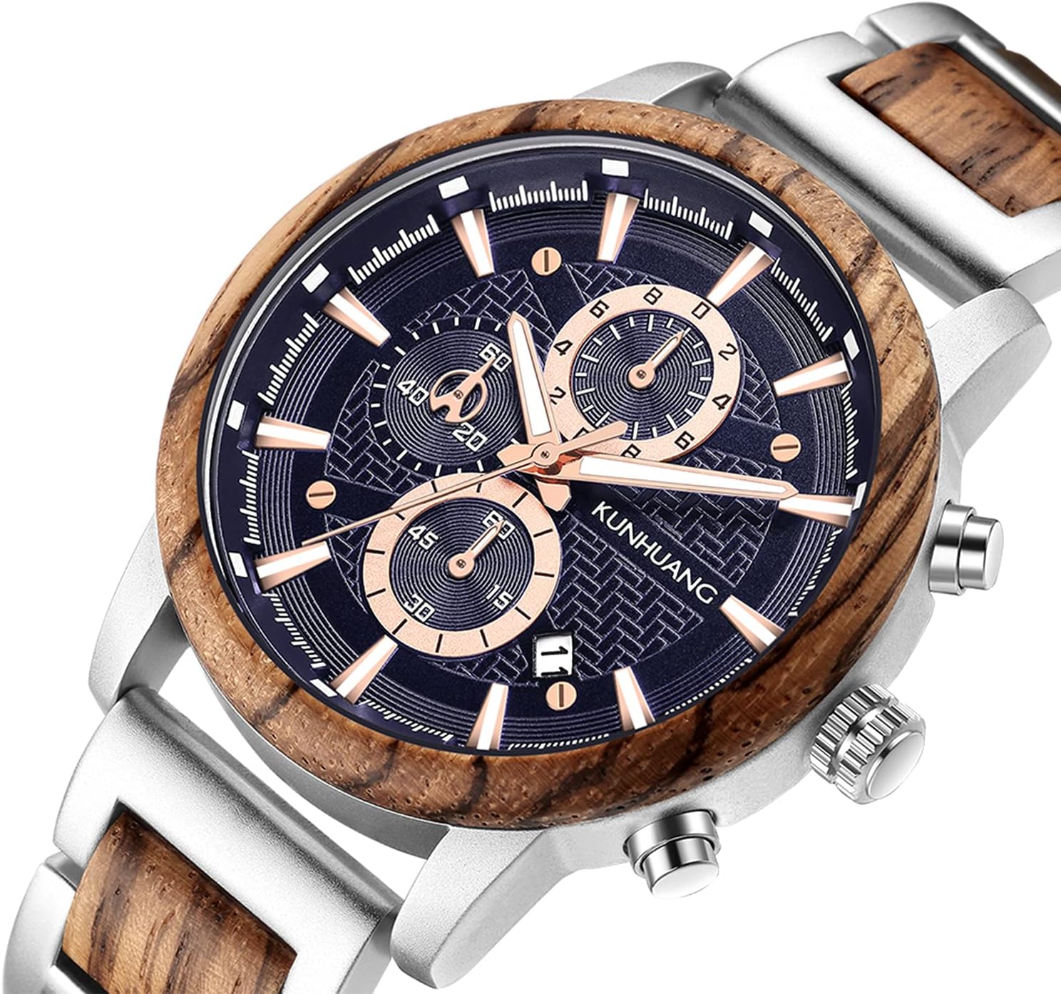 IK COLOURING Men's Wooden Watches, Multifuctional Quartz Chronograph & Date Display Watch for Men Handmade Wood Wrist Watch Luminous Stylish Casual Lightweight Wood & Stainless Steel Male Watch - Image 7