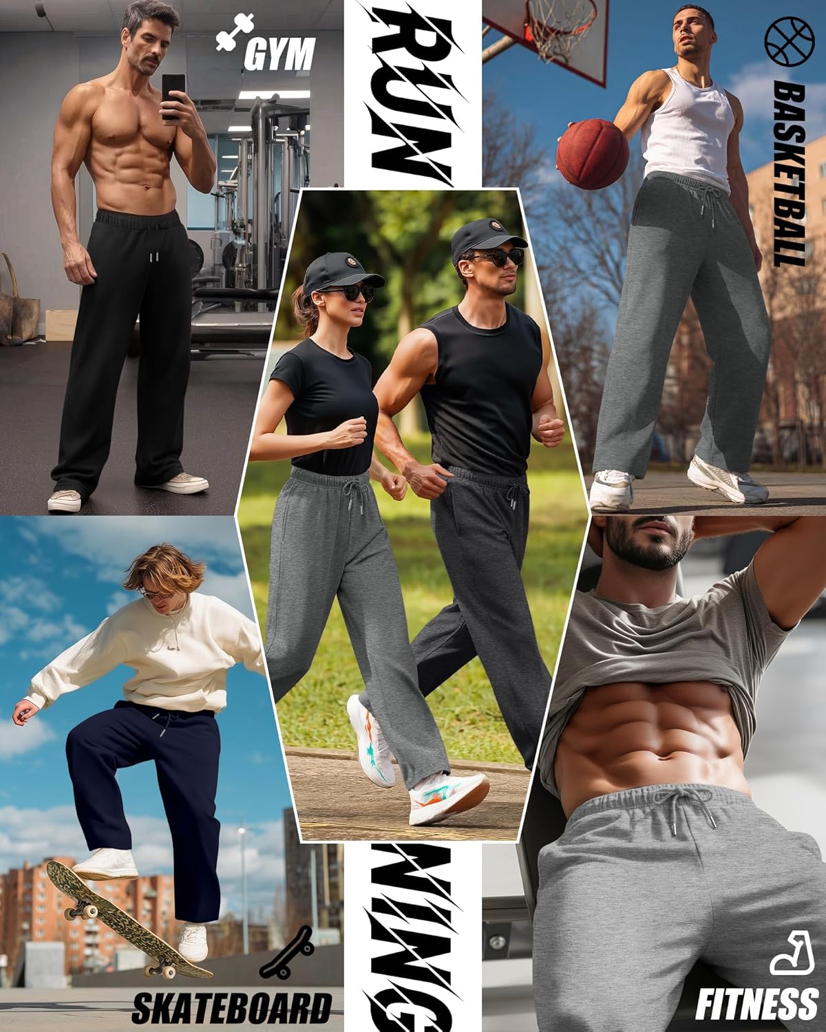 5 Pack Men's Lightweight Baggy Sweatpants Straight Leg Open Bottom Drawstring Pants with 3 Pockets