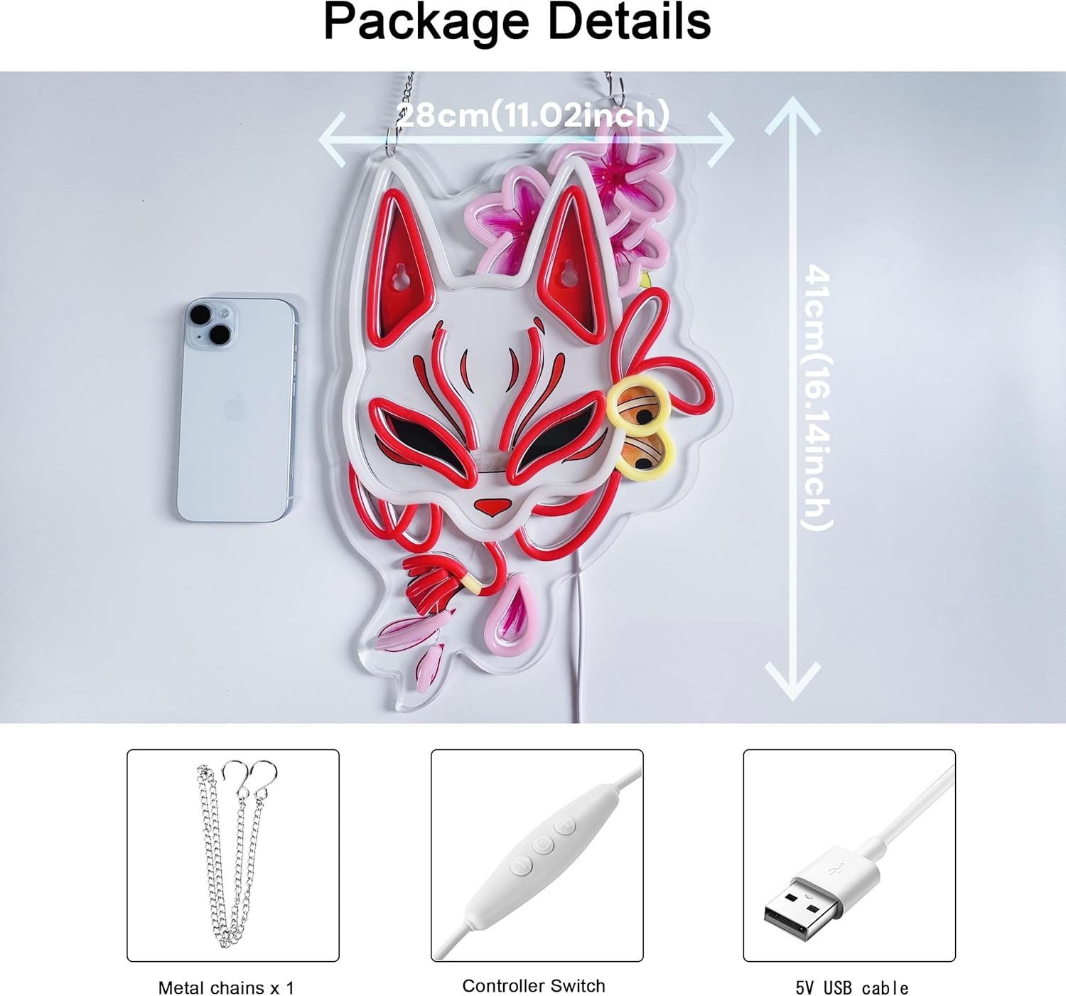 Fox Mask きつねめん Neon Sign, Neon Lights Hanging Wall Art Decoration for Japanese Restaturant Shop Bar Market Bakeries Café Celebration Home Decor, USB Powered Ultra Bright Dimmable,16.14×11inches Visit the JULHOVR Store - Image 5