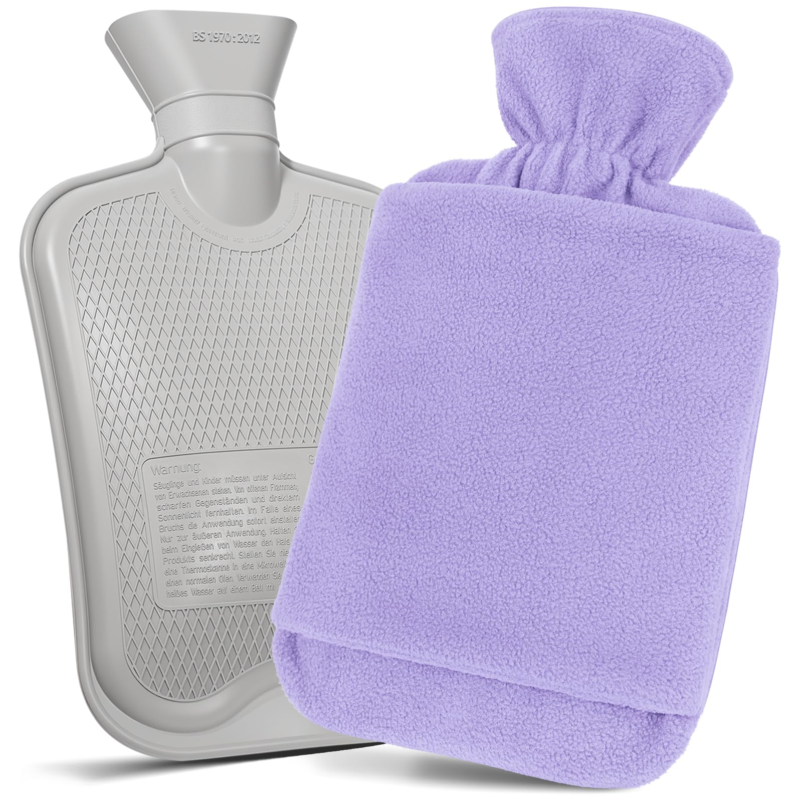 MUPAS Wärmflasche mit Fleece-Bezug, 2L, dicht, Känguru-Tasche, Lila
