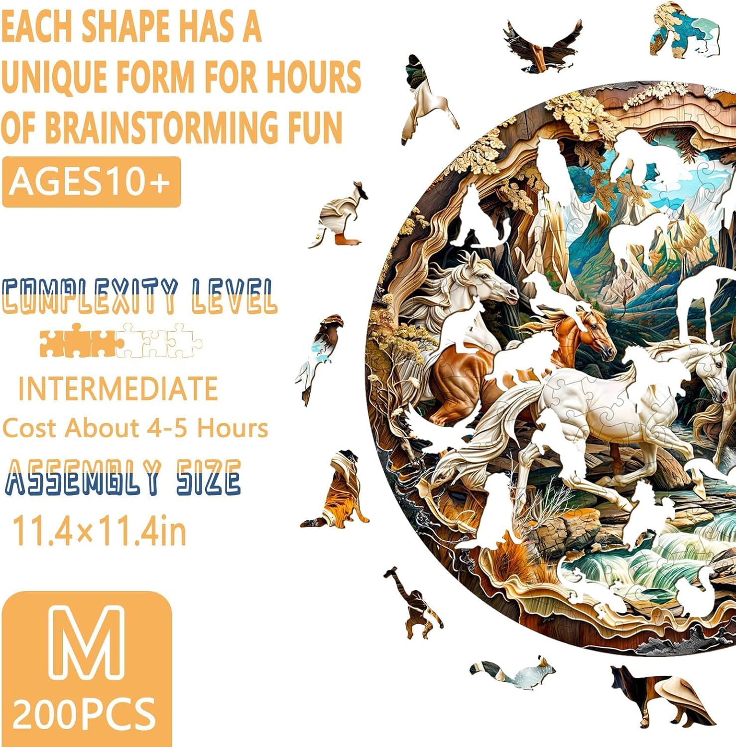 Wooden Puzzles for Adults, 3D Visual Effects Running Horses Wooden Jigsaw Puzzles for Adult, Wood Puzzles Adult, Cool Puzzles, Unique Gift Idea, Wall Art Canvas Puzzle (M-11.4 * 11.4in -200 Pcs)
