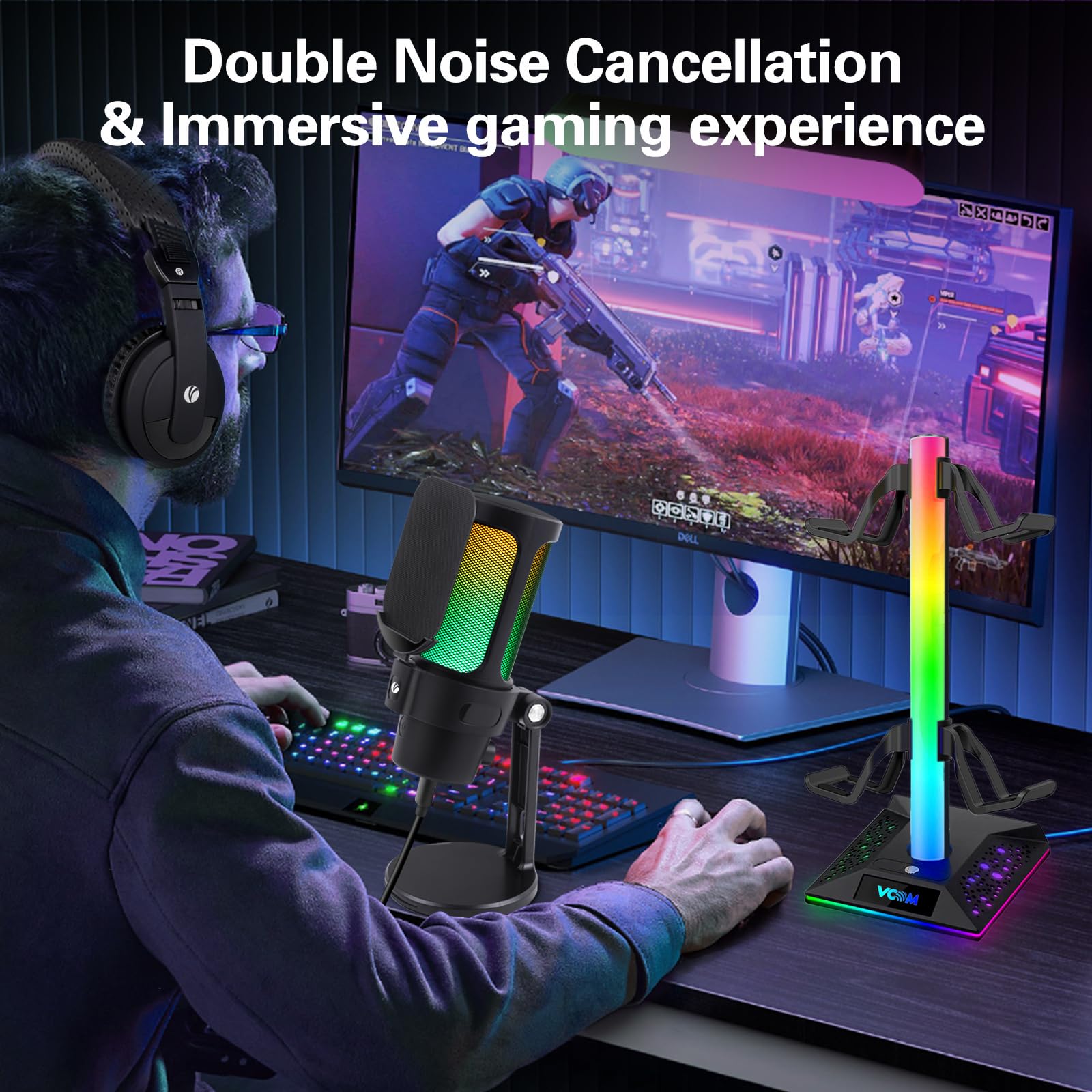 VCOM USB Gaming Mikrofon für PC, Noise Cancellation Gaming Microphone mit Mute, Pop-Filter, Gain, PC-Mikrofon für Streaming, Podcast, Twitch, YouTube, PS4/PS5