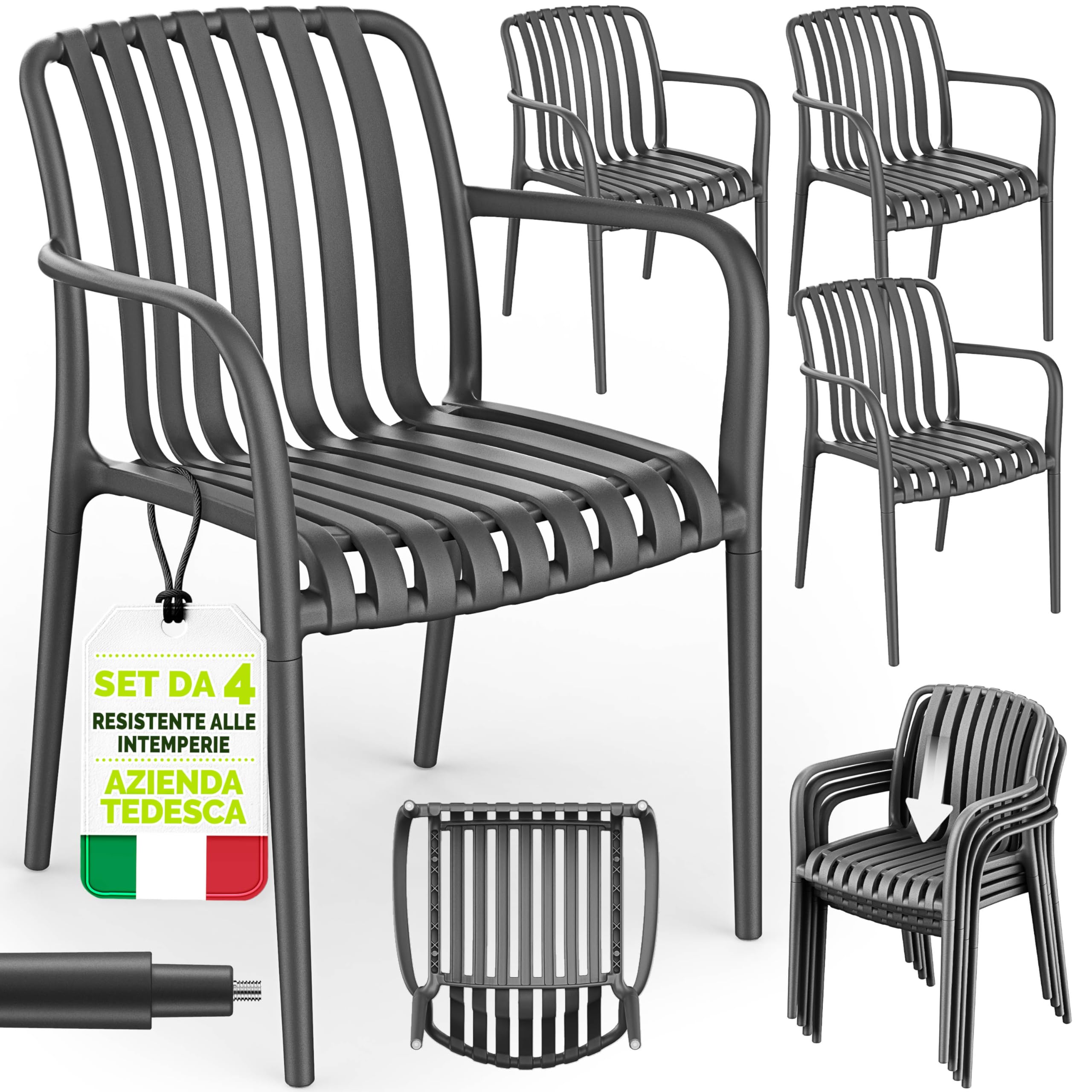 Tillvex Set di 4 Sedie da Giardino Impilabili Resistenti alle Intemperie 120 kg per Esterni Terrazzo Balcone