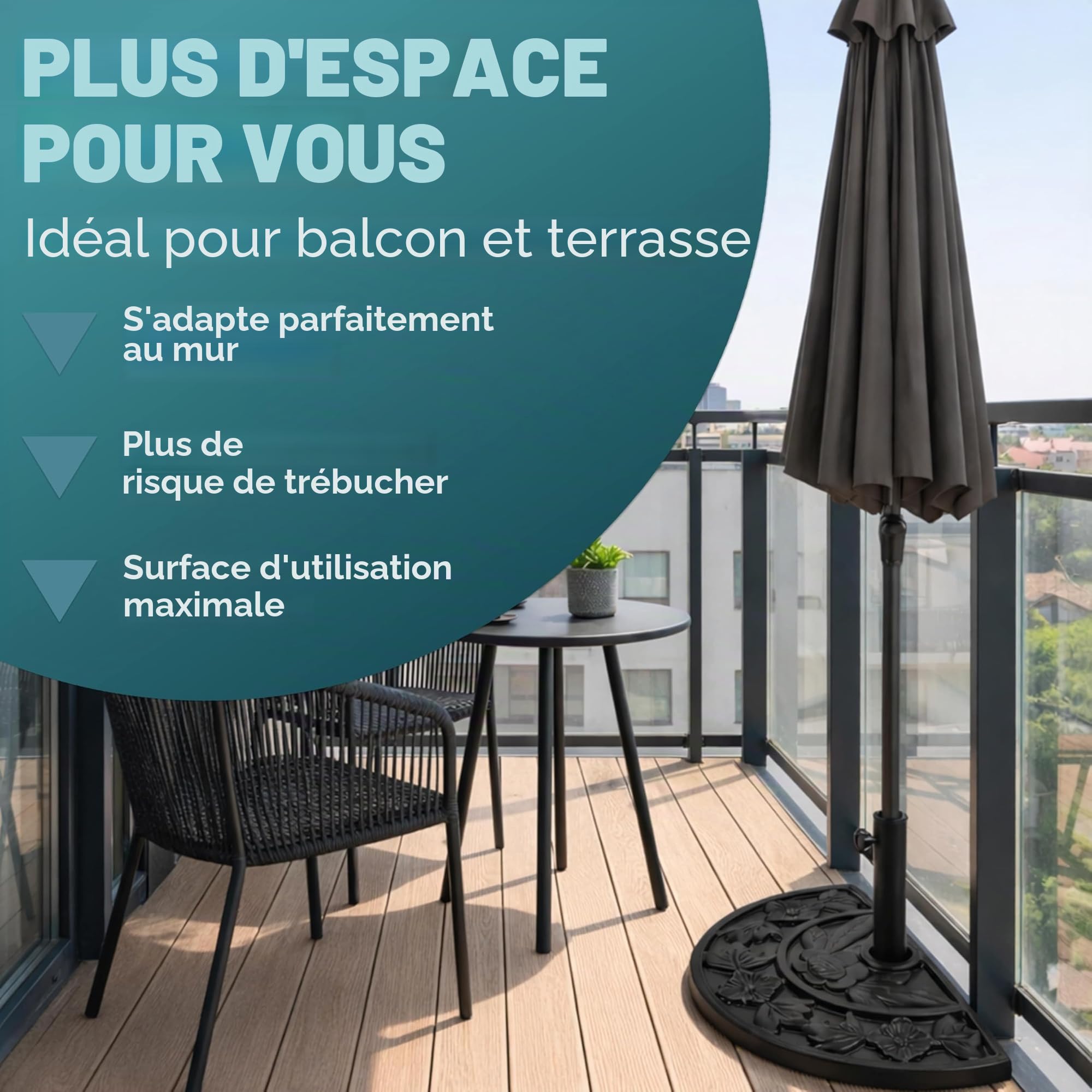 Deuba Demi-Pied de Parasol Noir Demi-Cercle Aspect Fonte Vintage et Motifs Floraux