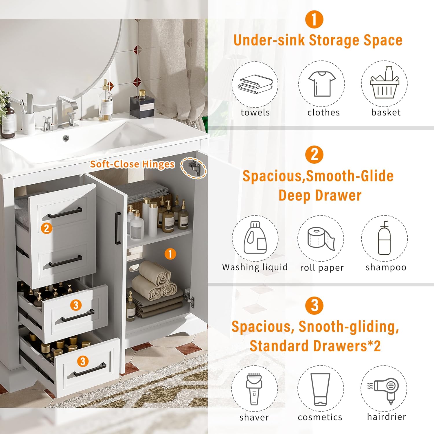 Merax 36" Bathroom Vanity with Ceramic Sink Combo, Freestanding Minimalist Vanities Cabinet & Large Adjustable Shelf and 3 Storage Drawers, Soft Closing Doors, Solid Wood Frame, White