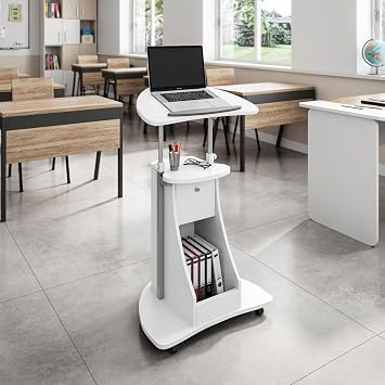 Techni Mobili Adjustable Height Rolling Laptop Cart with Storage, Sit to Stand Desk with Wheels, Podium Stand or Medical Cart, White | Sit To Stand Rolling Laptop Cart, Adjustable Height With Storage, Graphite Finish, For Office And Home