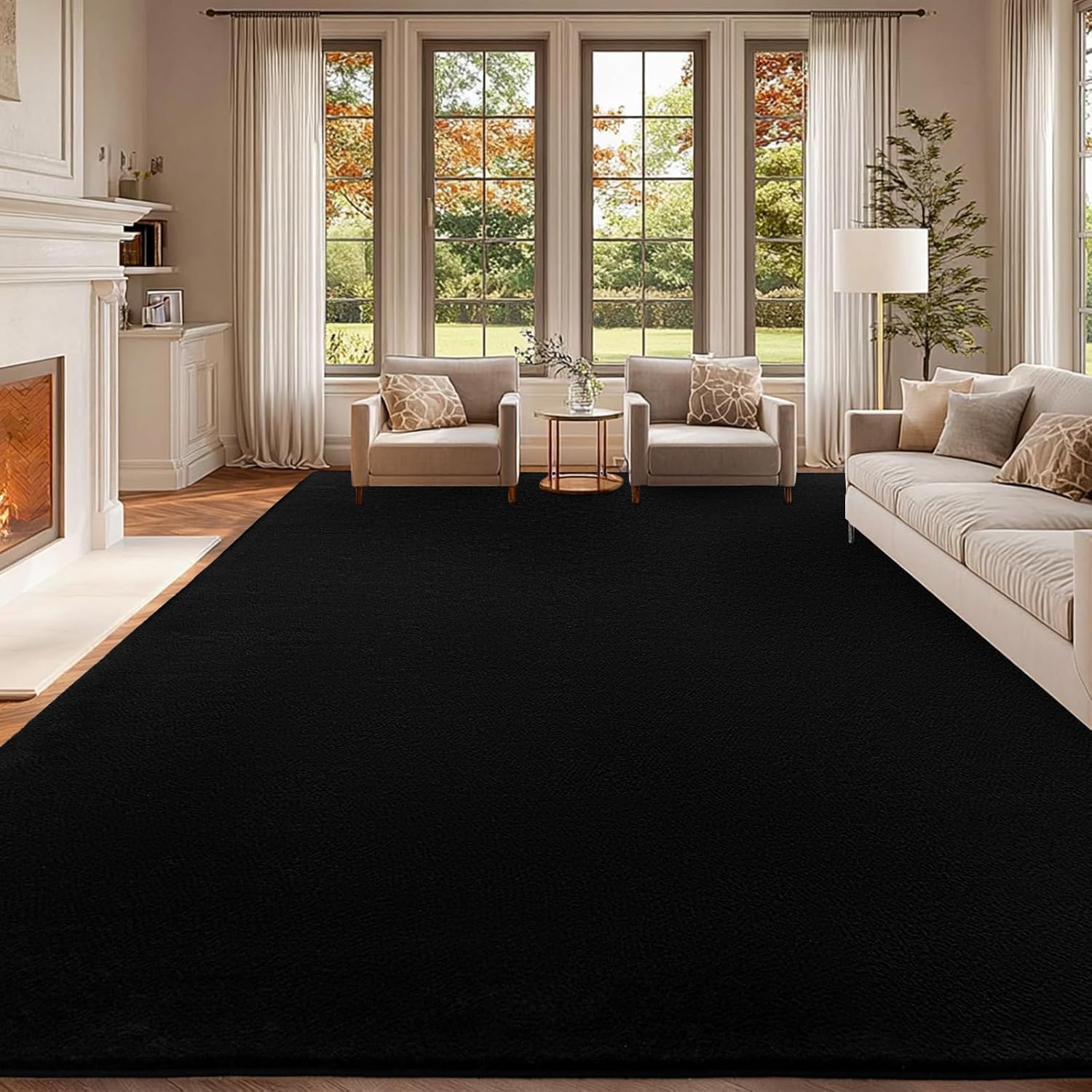 Black Rug for Living Room, 8x10 Washable Rug for Bedroom with Thickened Memory-Foam, Modern Minimalist Large Carpet Solid Comfy Non Slip Carpet for Kid Room Dining Room Classroom Home Decor