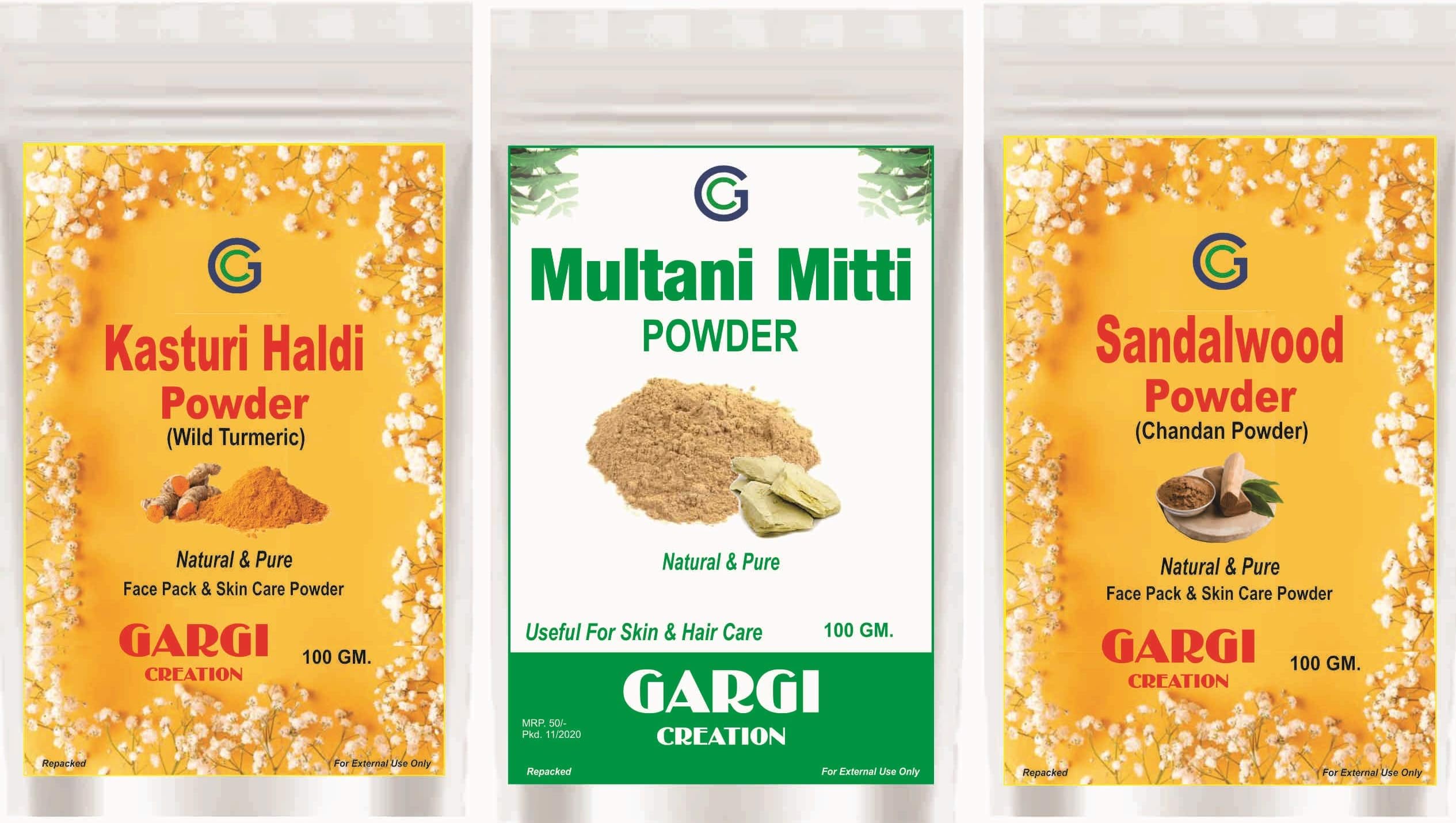 gargi creation combo of natural kasturi haldi, chandan [ sandalwood] and multani mitti powder for skin and face care pack of 300 grams.