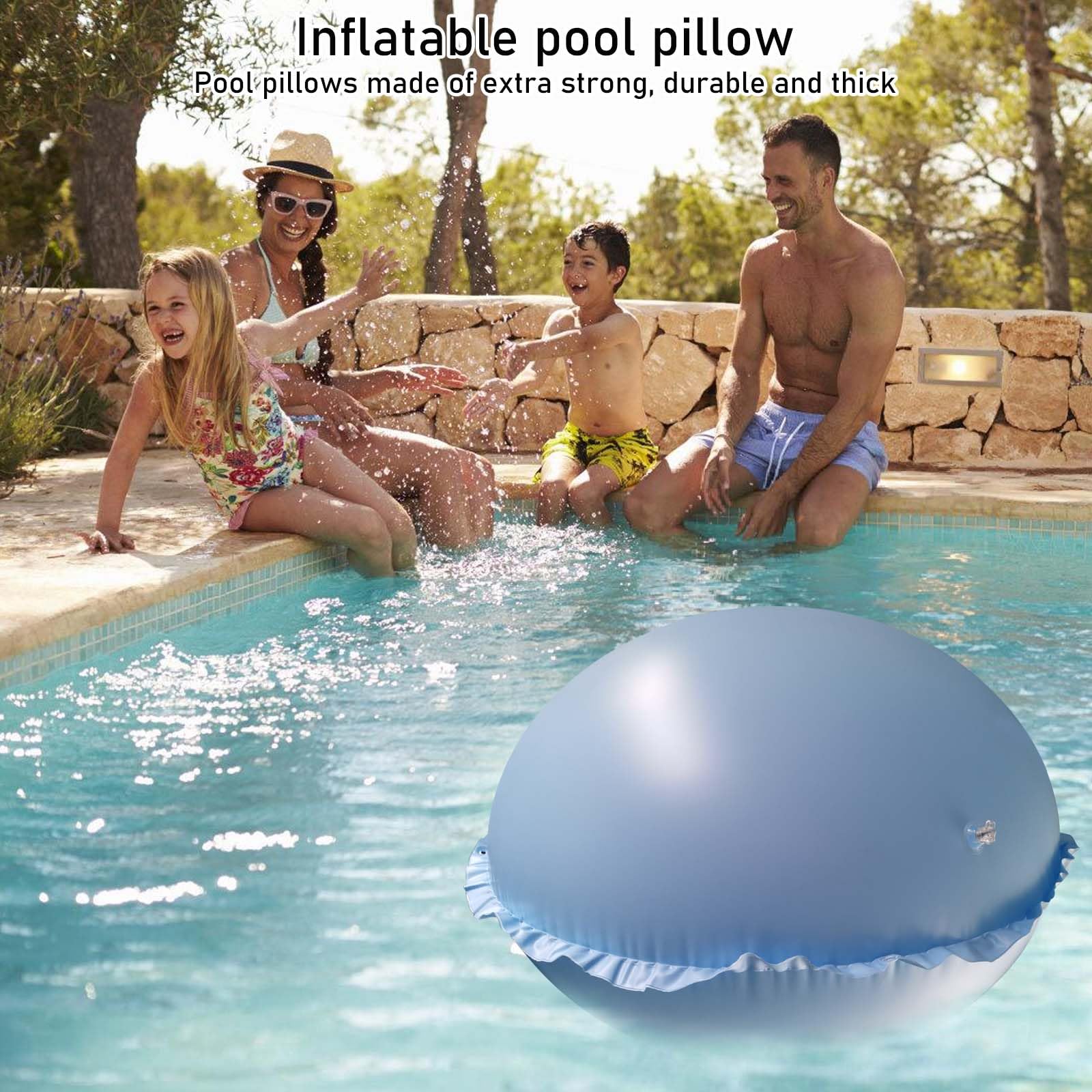 Vaileal Cojín de aire para piscina, XXL, 120 x 120 cm, cojín de piscina de invierno, azul cielo, redondo, cojín de aire para piscina con cuerda de 15 m, reutilizable, cojín de aire de invierno,