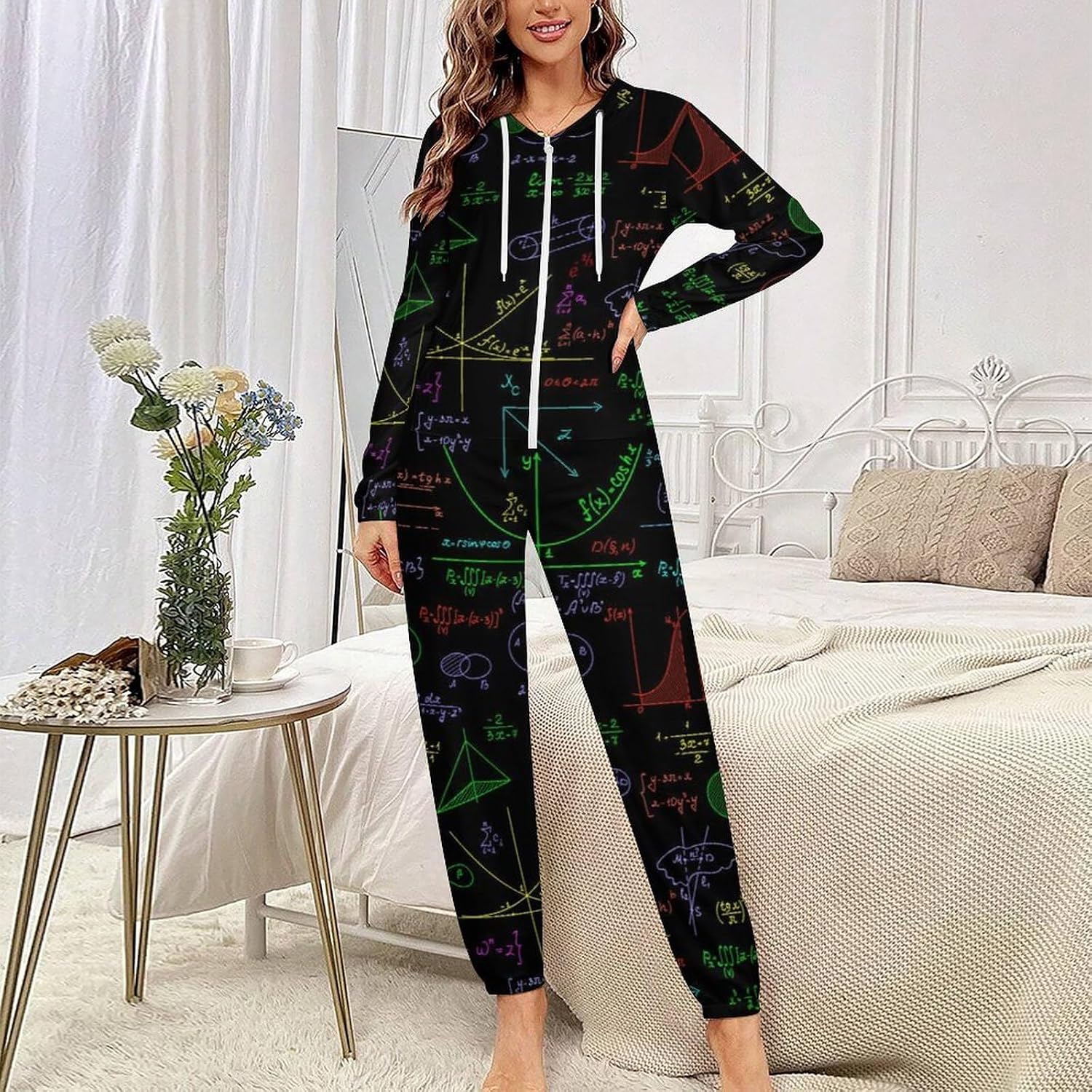Math Plots Formulas Calculations Adult Pajamas Onesie with Hood Pocket Jumpsuits One Piece Sleepwear