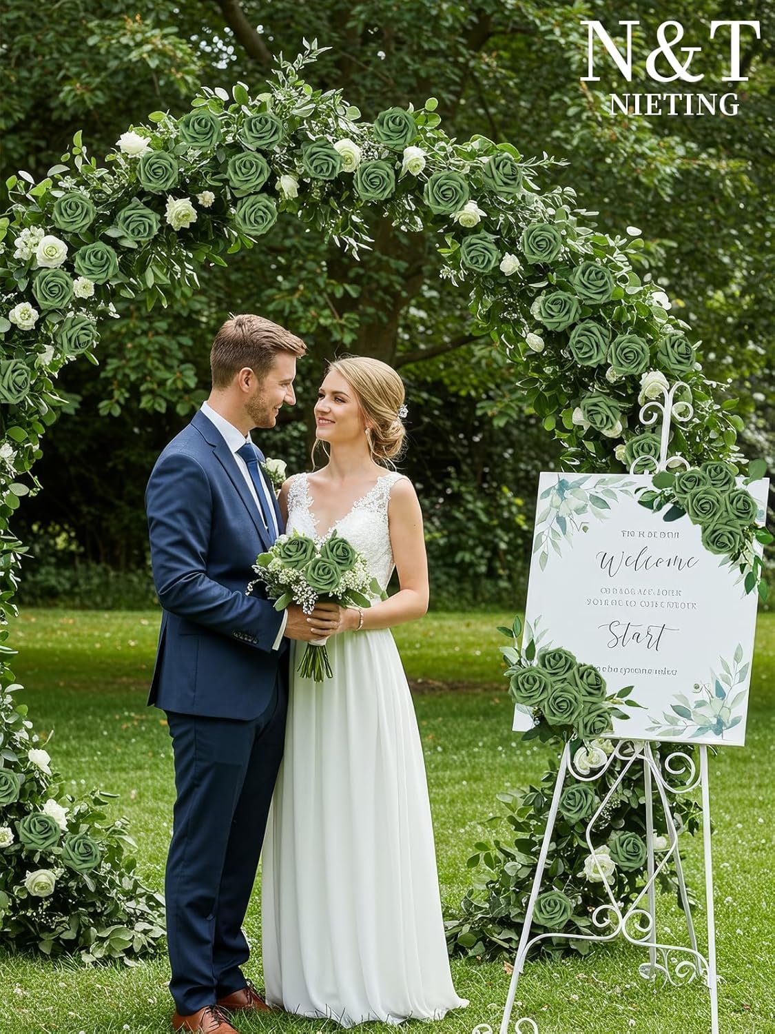 N&T NIETING Roses Artificial Flowers, 25pcs Artificial Flowers Foam Flowers with Stems for DIY Cake Decoration Wedding Party Home Decoration, Army Green - Image 3