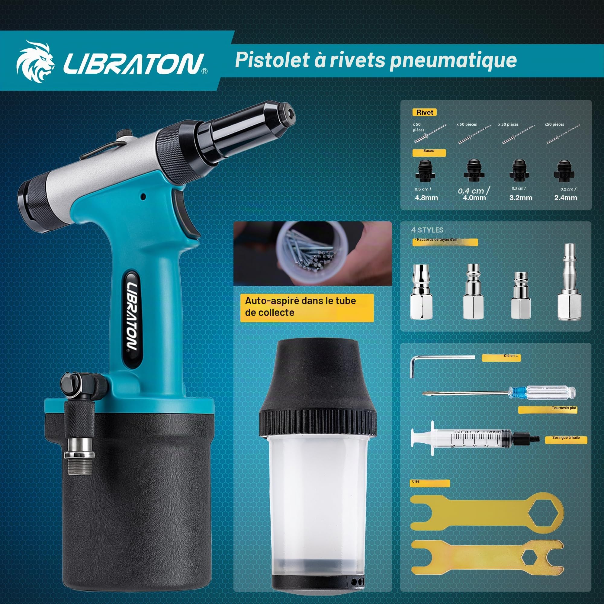 LIBRATON Riveteuse Pneumatique, Pistolet à Riveter Pneumatique Robuste avec 200 Rivets 2,4 mm 3,2 mm 4,0 mm 4,8 mm, Pince à Rivet Pop à Air Hydraulique pour Réparation, Conception Auto-Aspirante