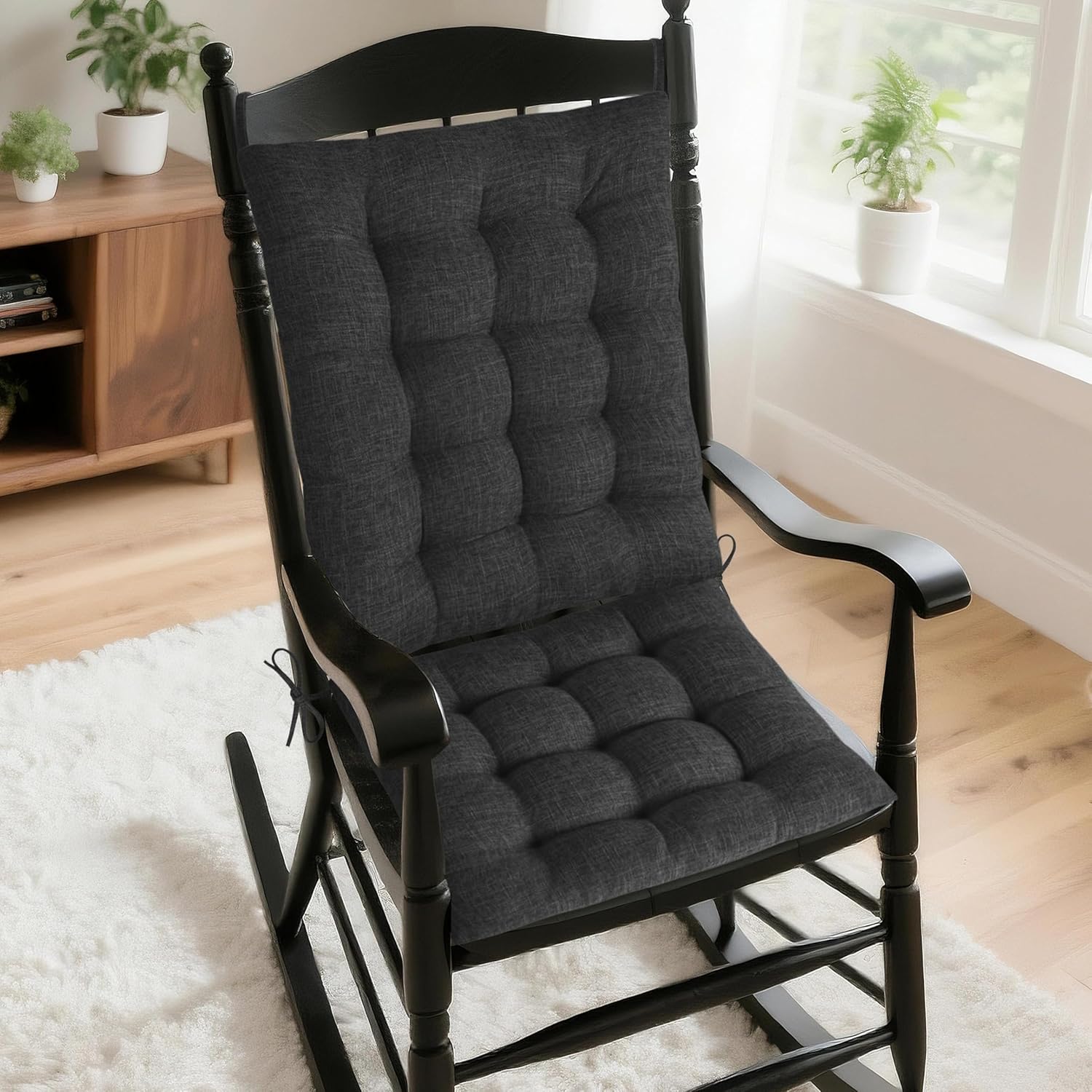 AddGrace Rocking Chair Cushions Indoor Tufted Cushions for Rocking Chairs with Ties Comfortable Textured Fabric Set of Seat & Back Cushion 21x17/17x17 Navy