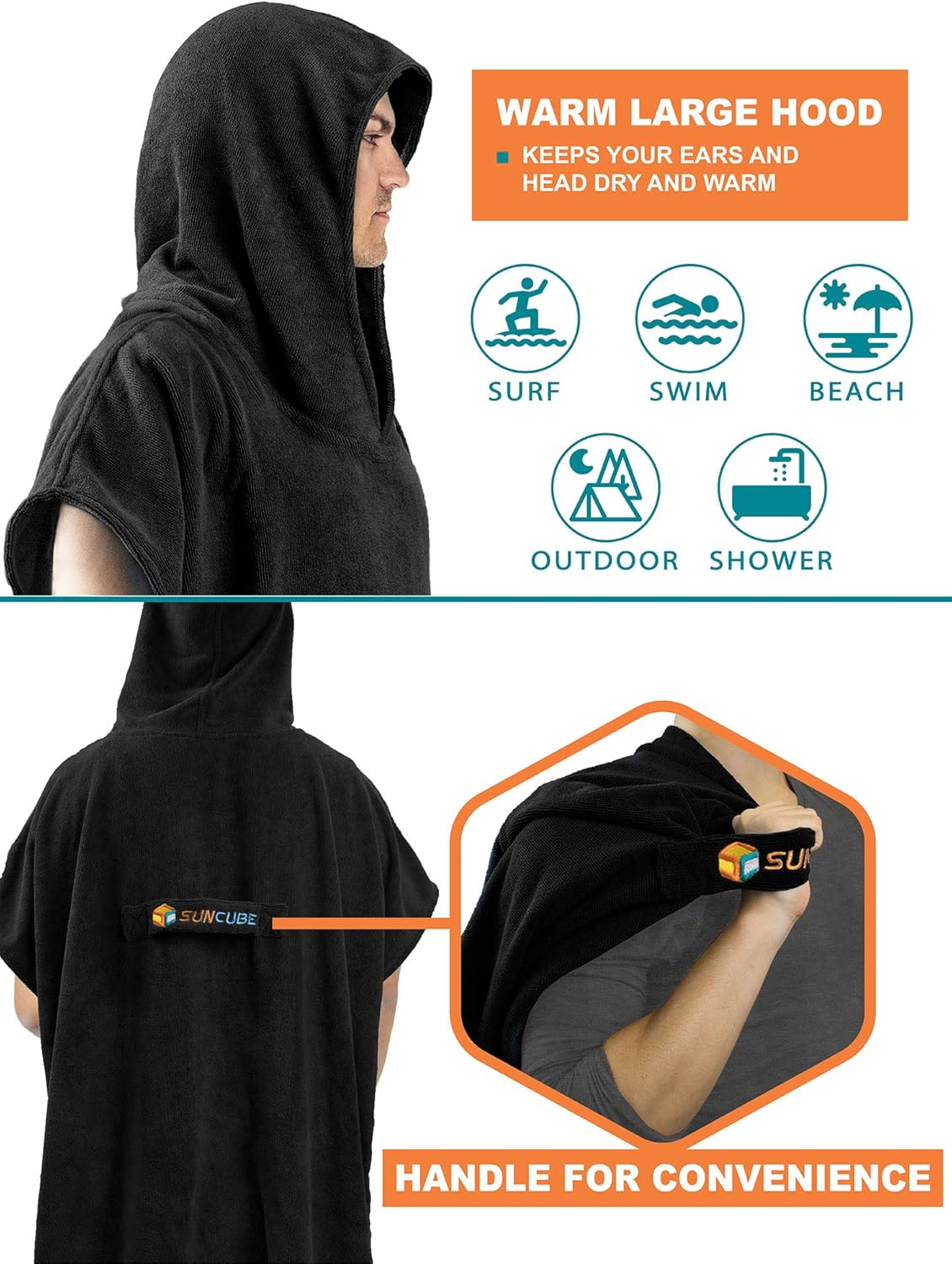 SUN CUBE Surf Poncho Changing Robe with Hood | Absorbent Quick Dry Microfiber Wetsuit Changing Towel with Pocket for Surfing Men Women - Image 4