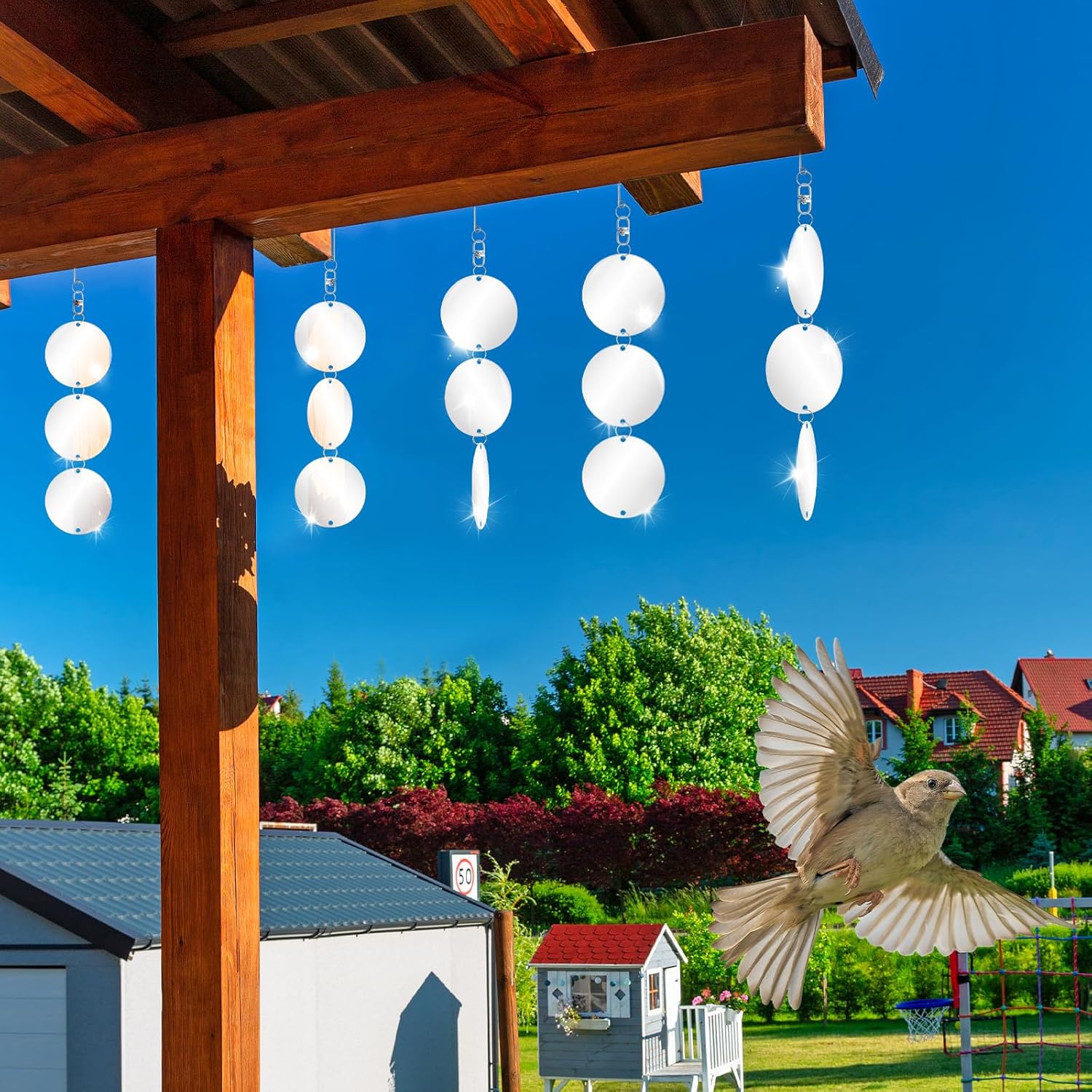 10 Pack Hanging Reflective Bird Scare Discs Set, Large 30-Discs Double-Sided Mirror Bird Deterrent Spinner Reflectors for Outdoor Garden, Patio, Orchard, Balcony, Tree, and Crop Protection Decorations - Image 6