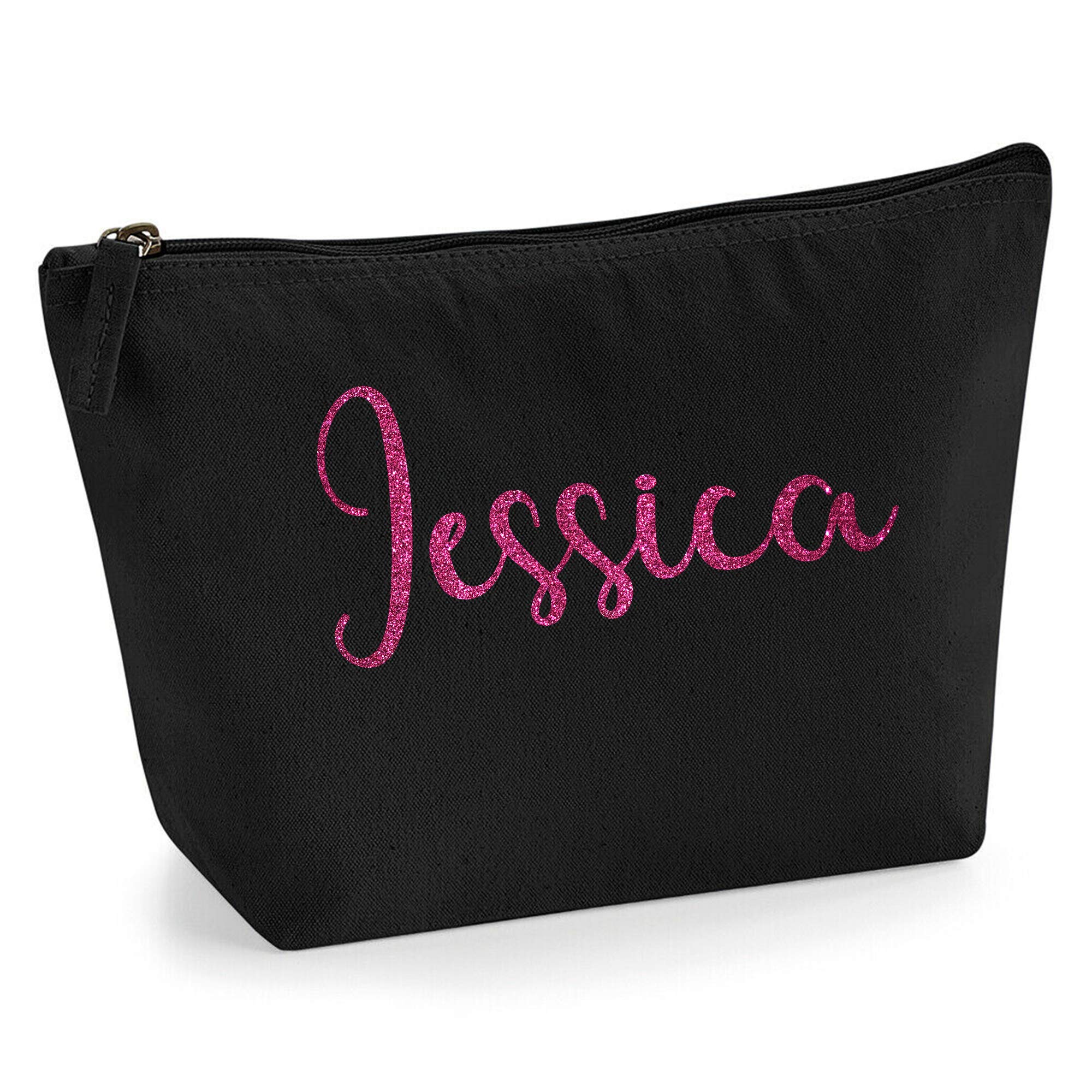 Personalized Large Name Initials Text Design Make Up Accessory Bag With Glitter or Flock Texture Print - Pink Glitter - S Black