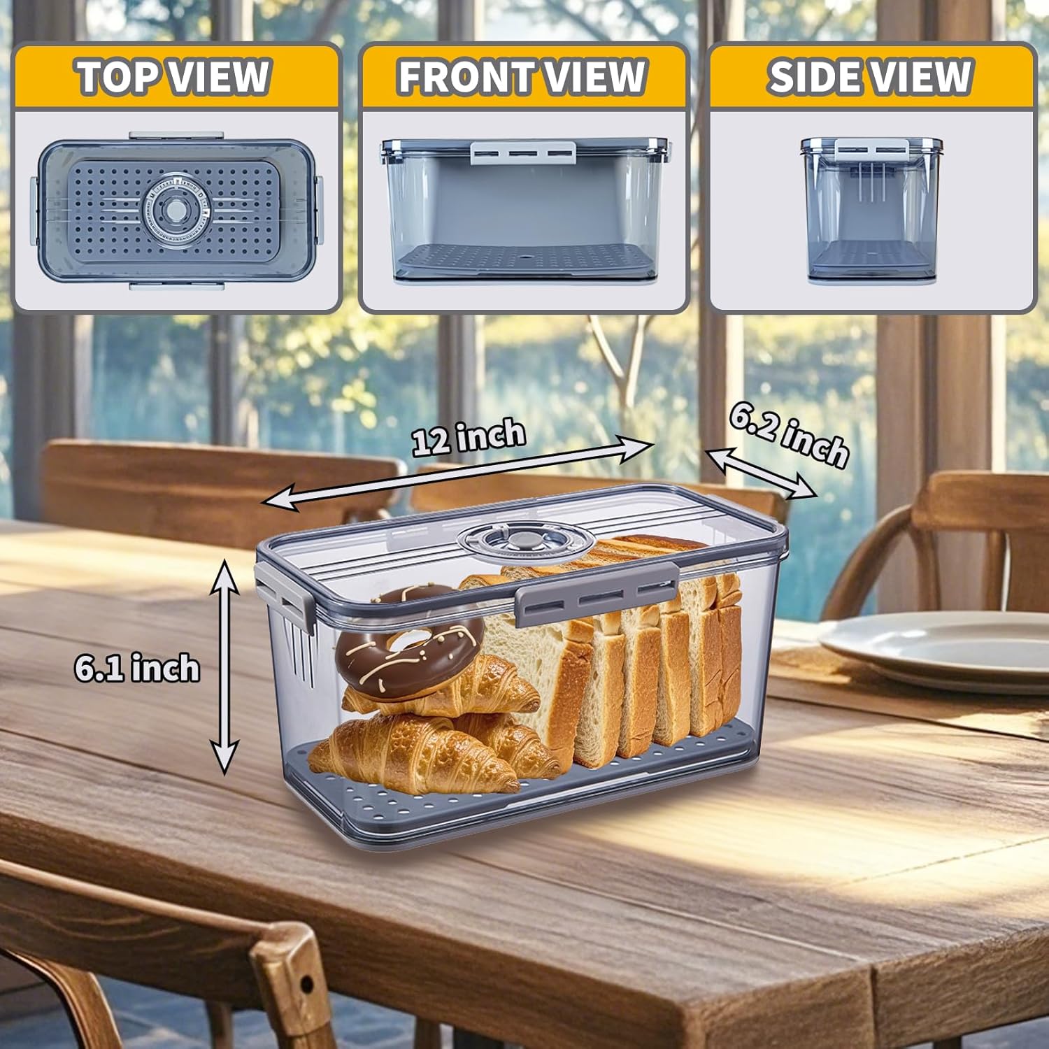 Bread Box for Kitchen Countertop, Airtight Bread Container with Lid, Time Recording Dial, and Draining Board, Bread Storage for Homemade Bread, Toast, Cookies (2 Grey)
