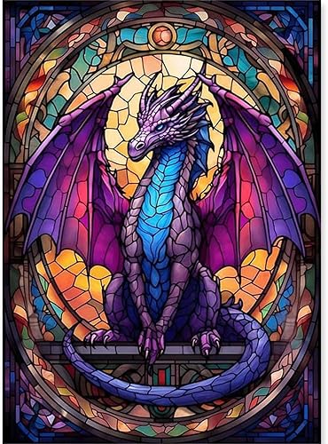 KICHANG Pintura de diamantes de dragón de vidrieras, kits de pintura de diamantes 5D, kits de pintura de diamantes para adultos, arte de diamantes