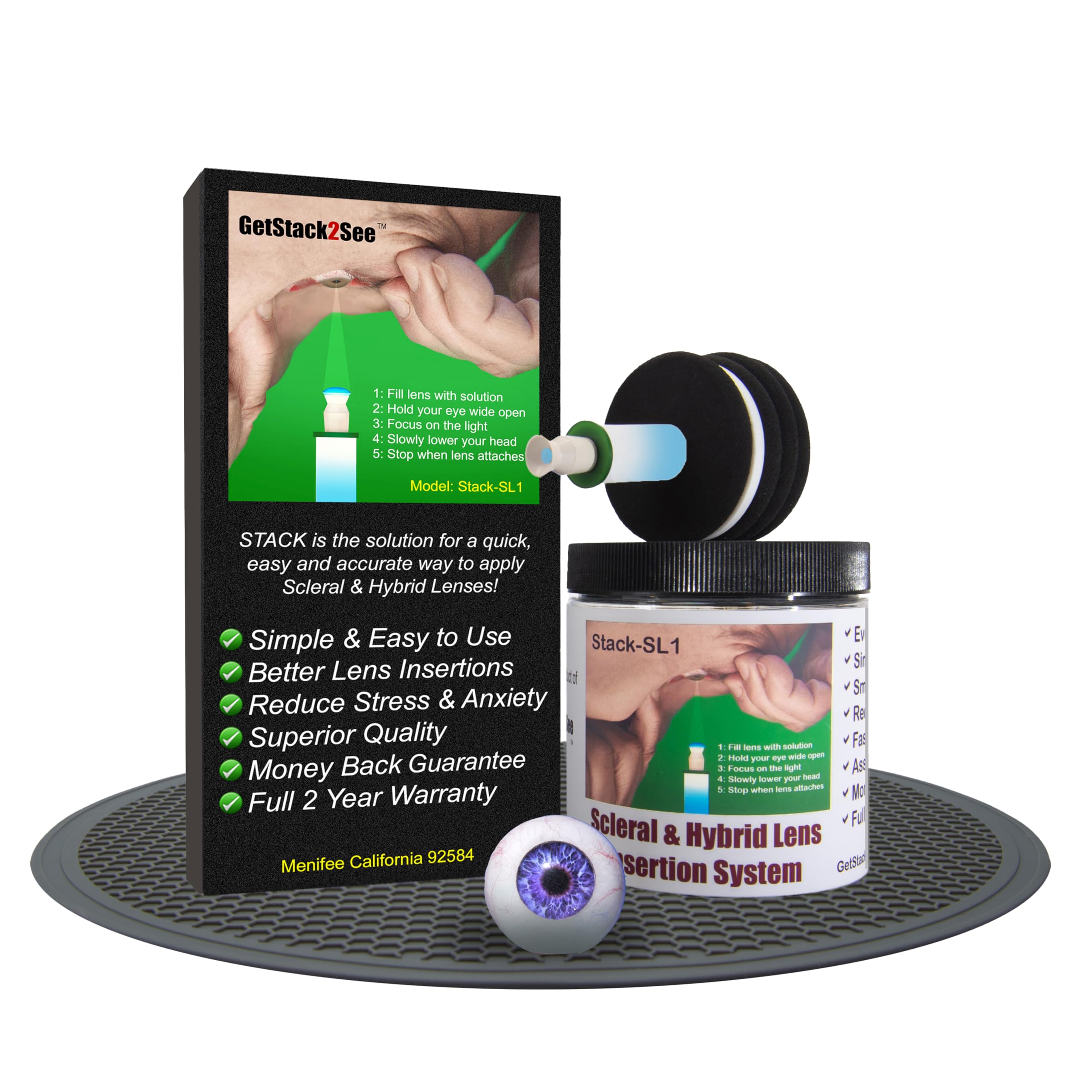 Stack SL1 está diseñado para quienes son nuevos en el sistema de inserción de lentes híbridos esclerales. Incluye elementos necesarios para promover una inserción sin complicaciones, rápida y con manos libres.