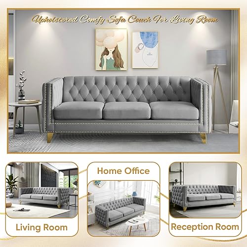 Miniatura 6 de Sofá de terciopelo de 3 plazas, cómodos sofás para sala de estar, sofá moderno con respaldo copetudo y decoración de remaches, sofá largo tapizado