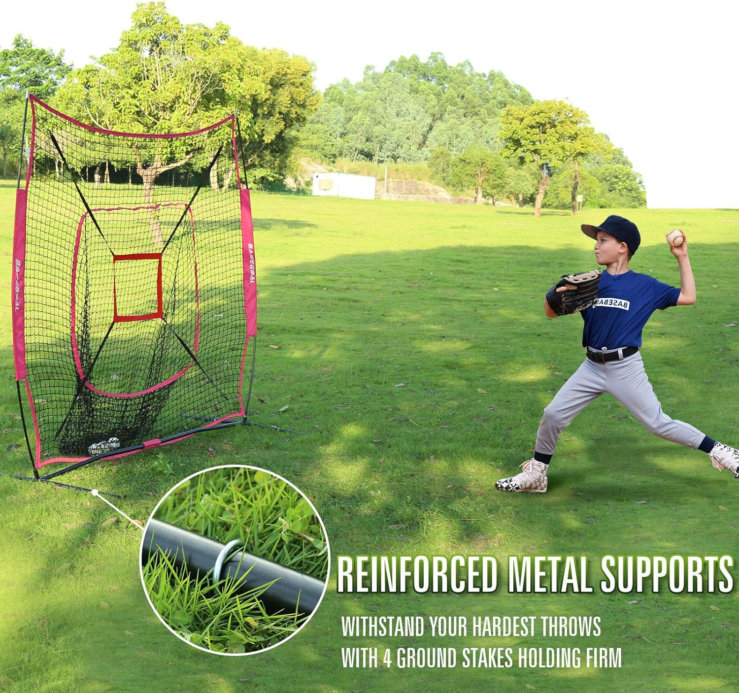 7'×7' Baseball Softball Practice Net,Baseball Backstop,with Batting Tee,for Hitting Pitching Batting Catching with Bow Frame,Bonus Strike Zone