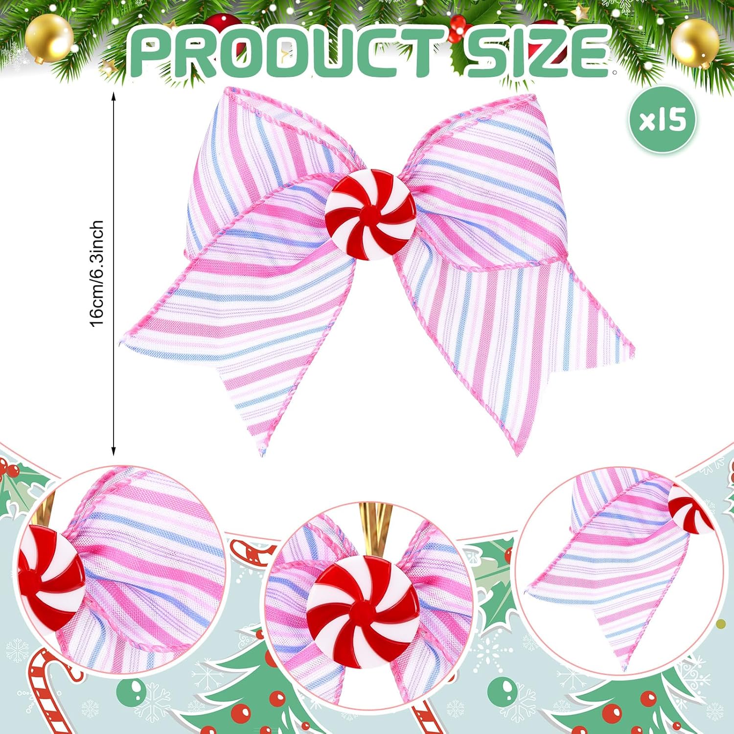 Realspring 15 Pcs Candy Christmas Bows Ornaments 6.3 Inch Large Pastel Christmas Tree Wreath Bows Pink White Blue Xmas Decoration for Xmas Tree Garland Wedding Home Holiday Indoor Outdoor Party Decor - Image 2