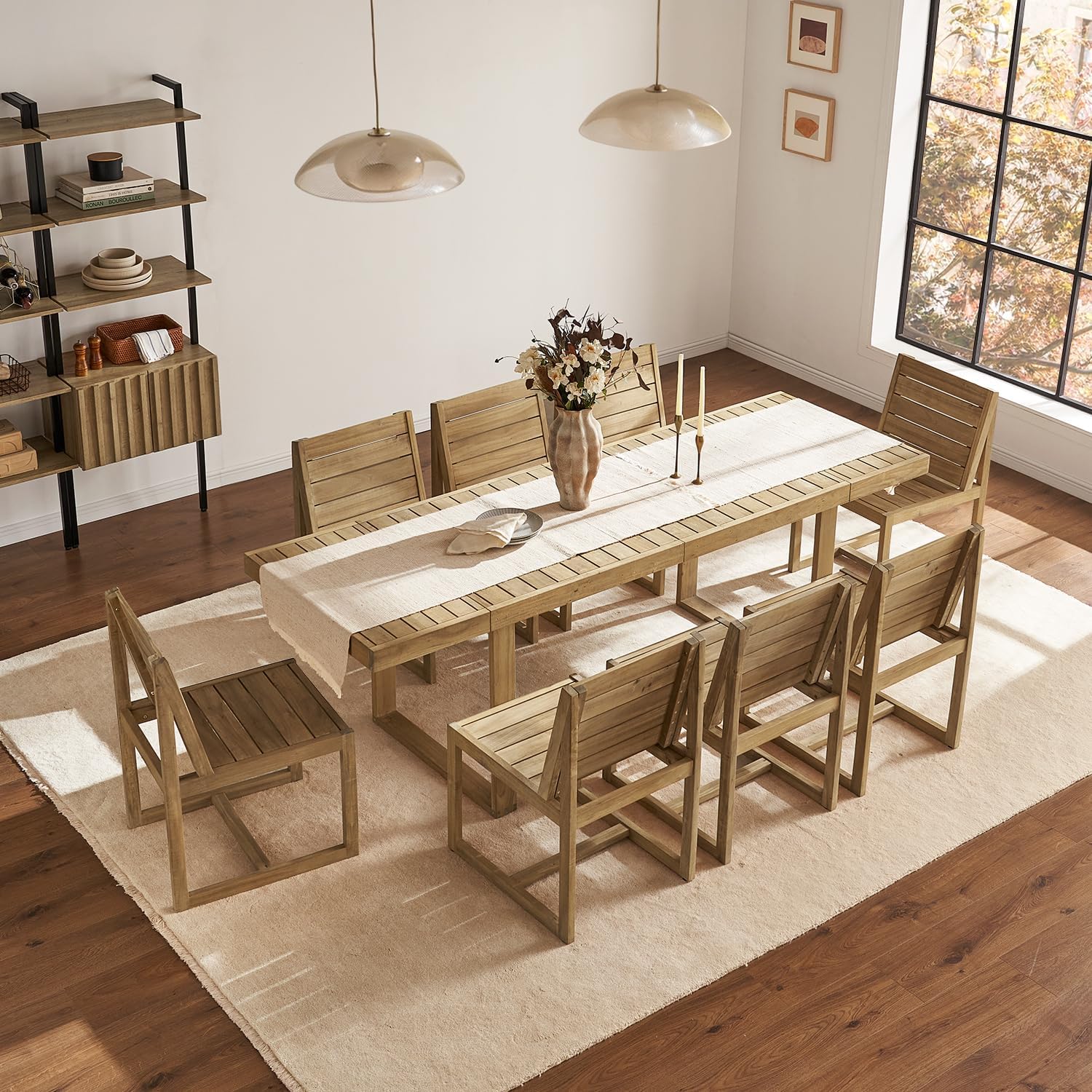 mopio Bruno Outdoor Dining Set, Solid Acacia Wood Patio Table & Chairs Set for Indoor Outdoor Dining, Mid Century Modern Farmhouse Conversation Sets (8 Seater: Table + Extensions, 8 Chairs | 9 Piece)