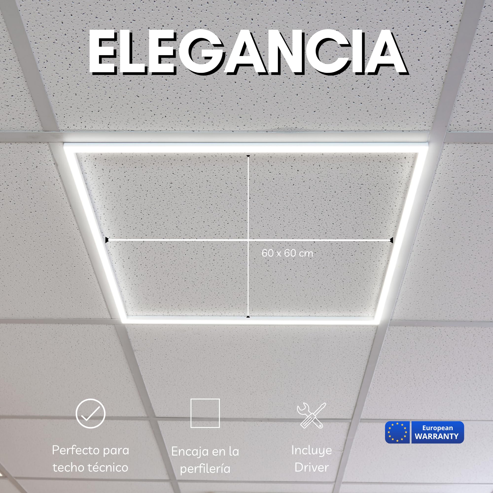 Panel Marco luminoso LED 60x60 48W Desmontable para techo técnico de placas. Iluminación eficiente para oficinas y comercios. Luz Neutra (4000ºK) - Garantía Europea 3 años