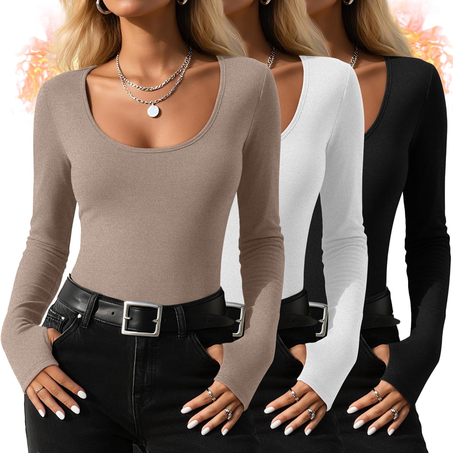 Riyiper 3 Pack Women's Thermal Long Sleeve Shirts, Fleece Scoop Neck Fitted Top Stretchy Thumb Holes Undershirt Baselayer Tee