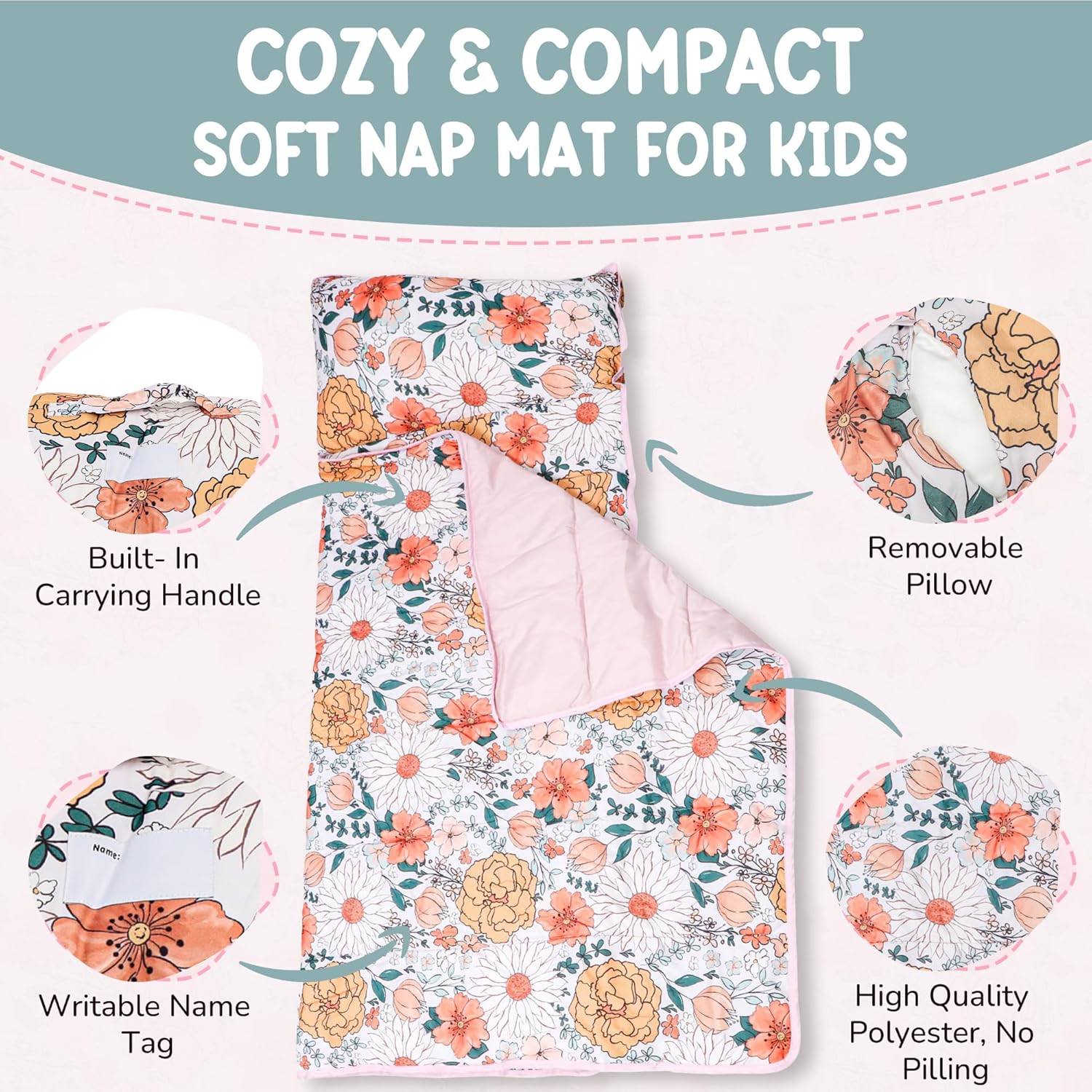 Morxy Toddler Nap Mat with Pillow & Blanket Large Portable Roll Up Nap Mats with Name Tag- Thick Kids Sleep Mat for Daycare, Preschool Travel and Camping for Age 3 and up