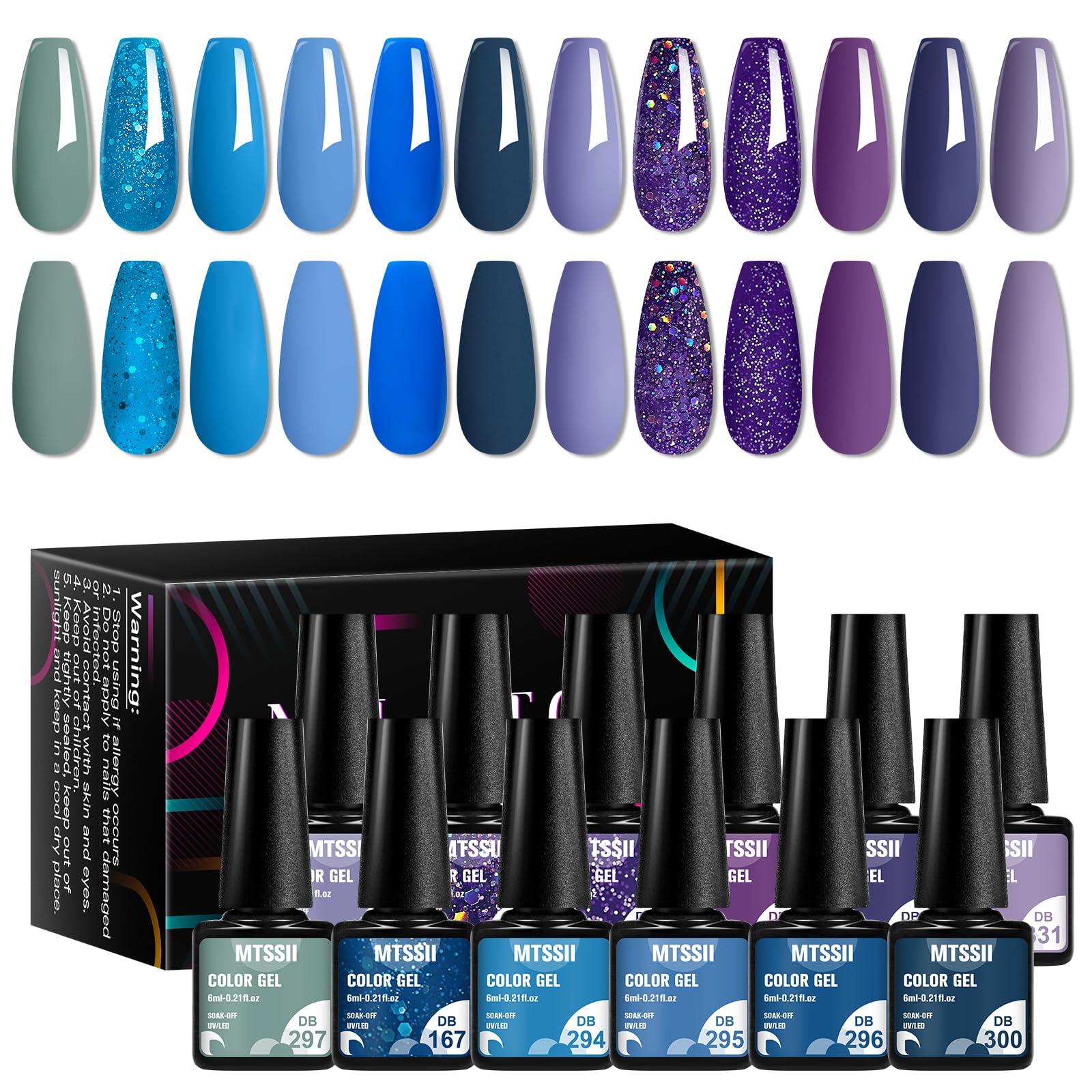 MTSSII Gel Nail Polish Set 12 Colors Blue Purple Gel Polish Kit Baby Blue Lavender Dark Purple Glitter Gel Nail Polish Aquamarine Mermaid Soak off Uv