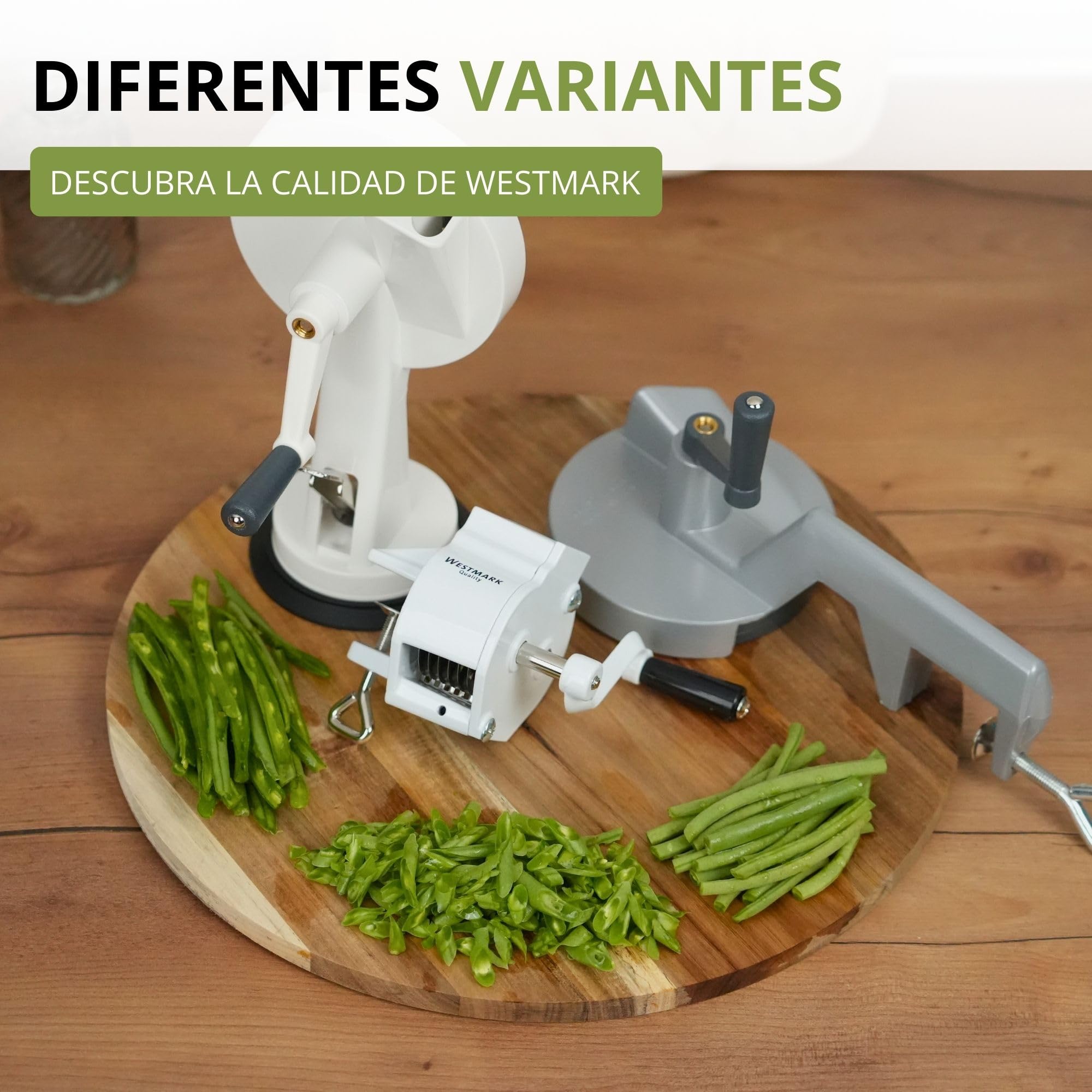 Westmark Mandolina para judías con gran abertura de corte y abrazadera de tornillo para el montaje en la mesa, Cuchillas de acero inoxidable/carcasa de acero, Blanco, 11862260