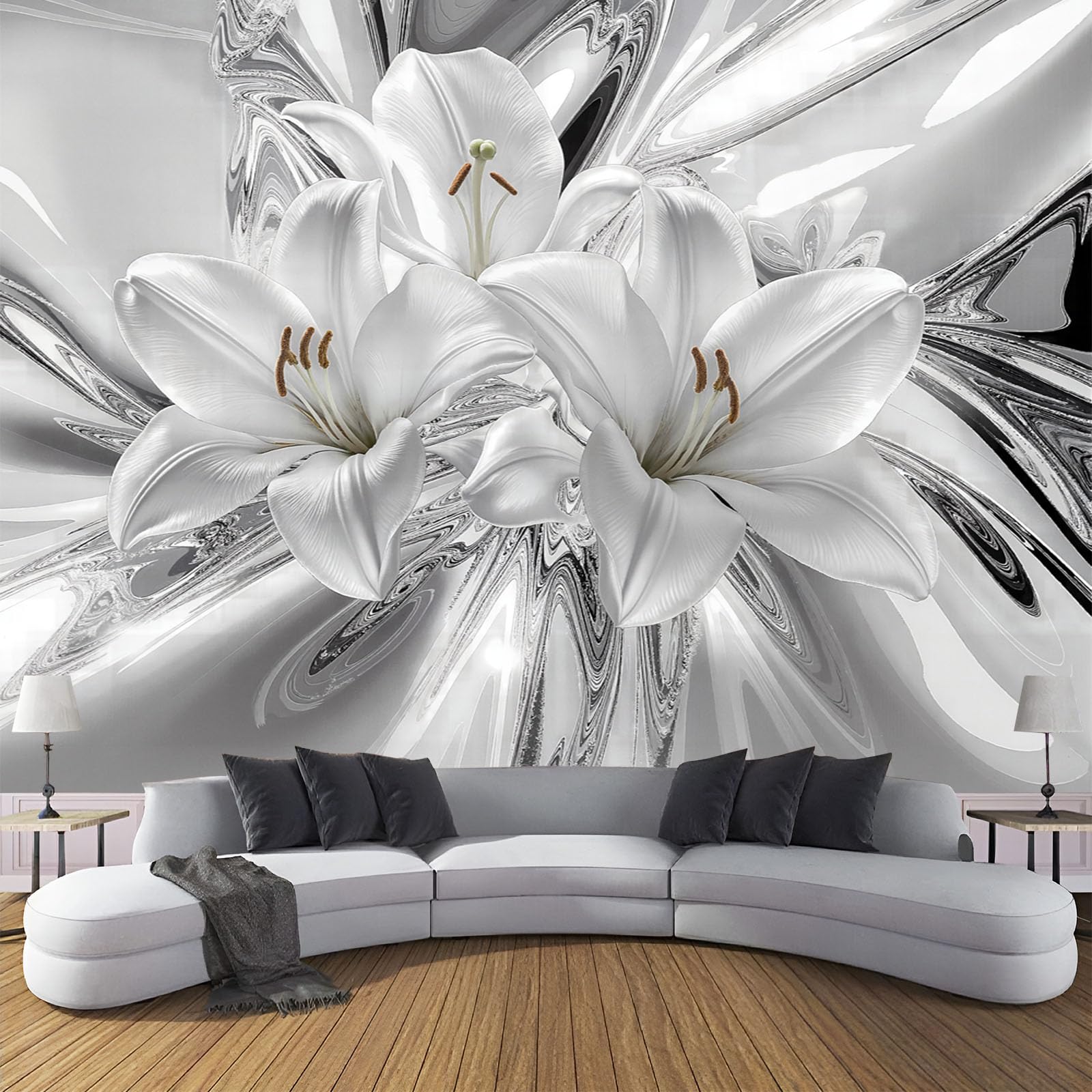 Papier Peint Intissé Mural Photo 450×315 cm Motif Luxe Lily Panoramique Poster Fresque Liquide Qui Coule Fleurs Murale Maison Bureau Restaurant, Argent Décoration Murale Papier Peint