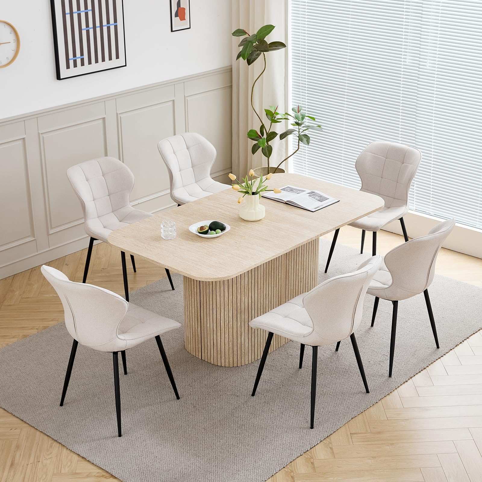 GrandCA HOME Mesa de Comedor Rectangular con Esquinas Redondeadas, Moderna Mesa de Comedor de 160 cm con Base de Madera, Amplia Superficie de Trabajo de MDF, 4-8 Personas, Color Travertino Amarillo
