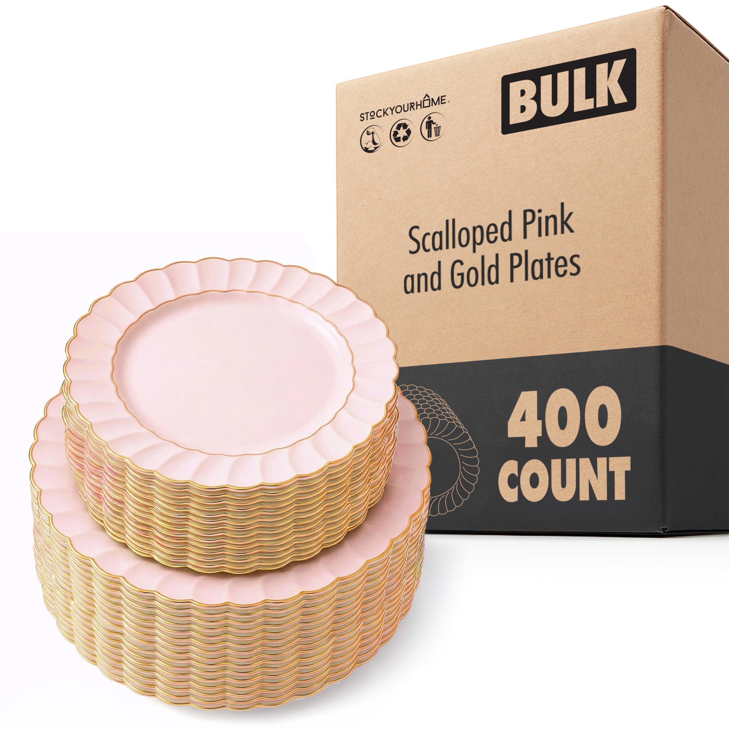 400 Pack Pink & Gold Scalloped Plastic Plates by Stock Your Home – 4 Pack Pack of 100, Plastic, Pink, Pack of 400, Model SYH-4435-QV-4CT