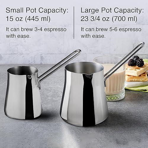 Miniatura 8 de Crystalia Cafetera turca de acero inoxidable 1810, cafetera para estufa, calentador de leche, café árabe griego Cezve Briki, 28 34 oz (plata, grande)