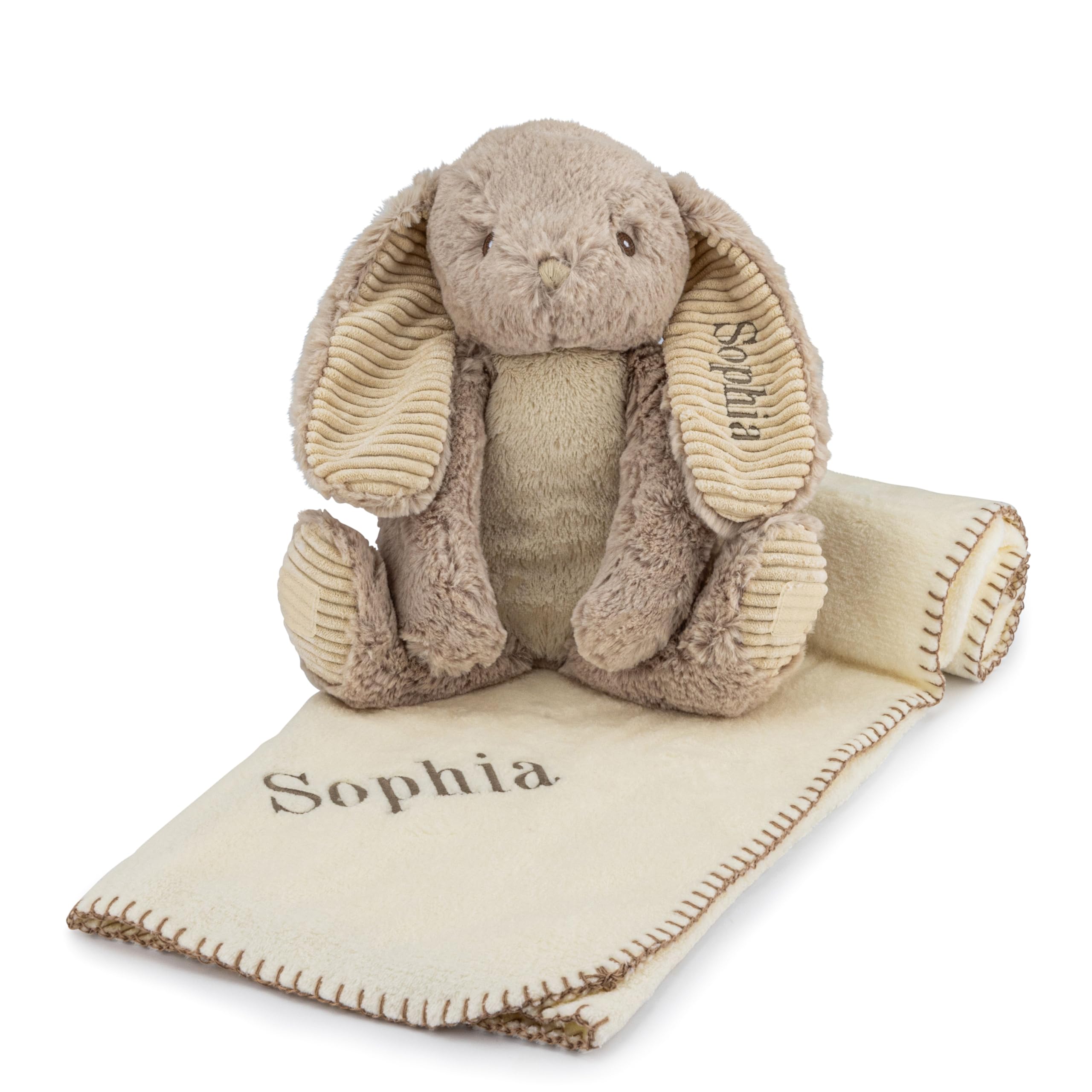 Lobeko Personalised Baby Gift Set with Embroidered Cream Fleece Blanket 75x90cm and Bunny Keepsake Soft Toy Plush Comforter for Newborn Baby Shower Christening or 1st Birthday Present Boys or Girls