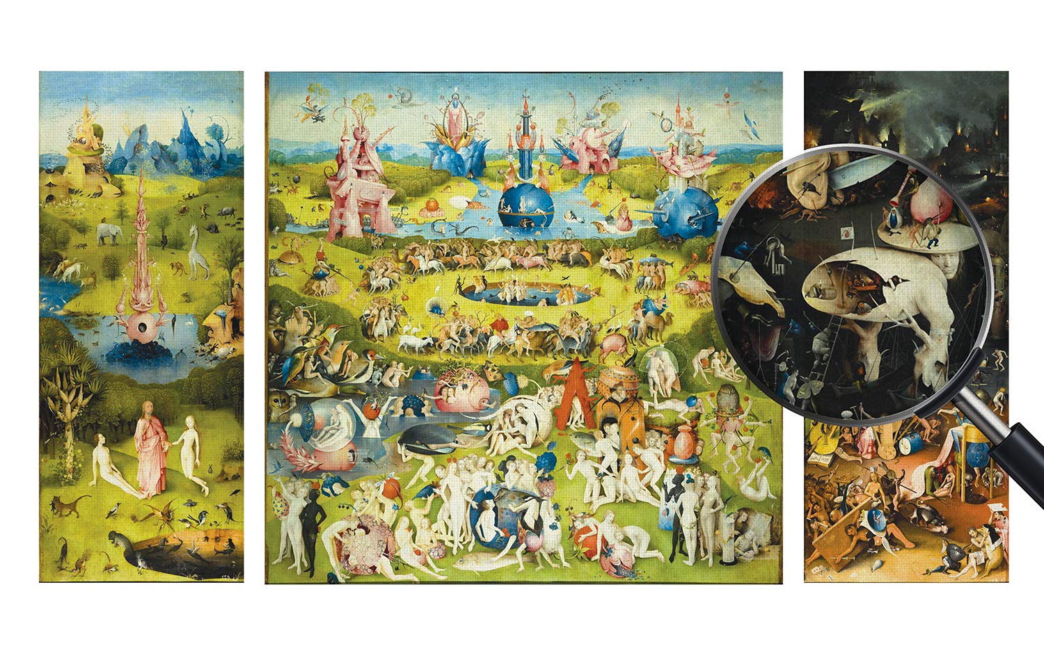Giallobus - Quadro multipannello 3 pezzi - Hieronymus Bosch - Il giardino delle delizie - stampa su tela - pronto da appendere - 40x100 cm - 100x100 cm- 40x100 cm