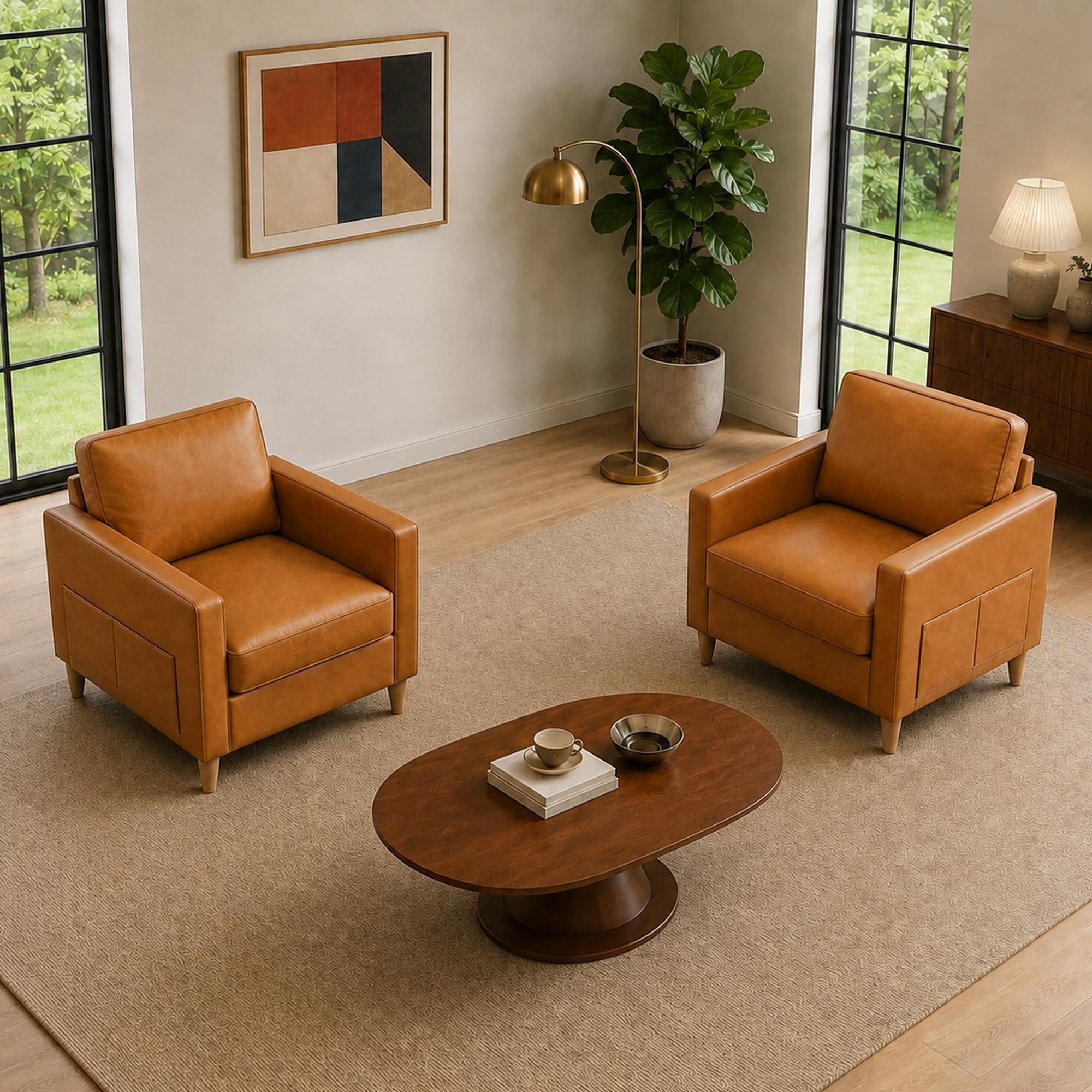 Accent Chair Set of 2, Living Room Chairs, Faux Leather Reading Armchair