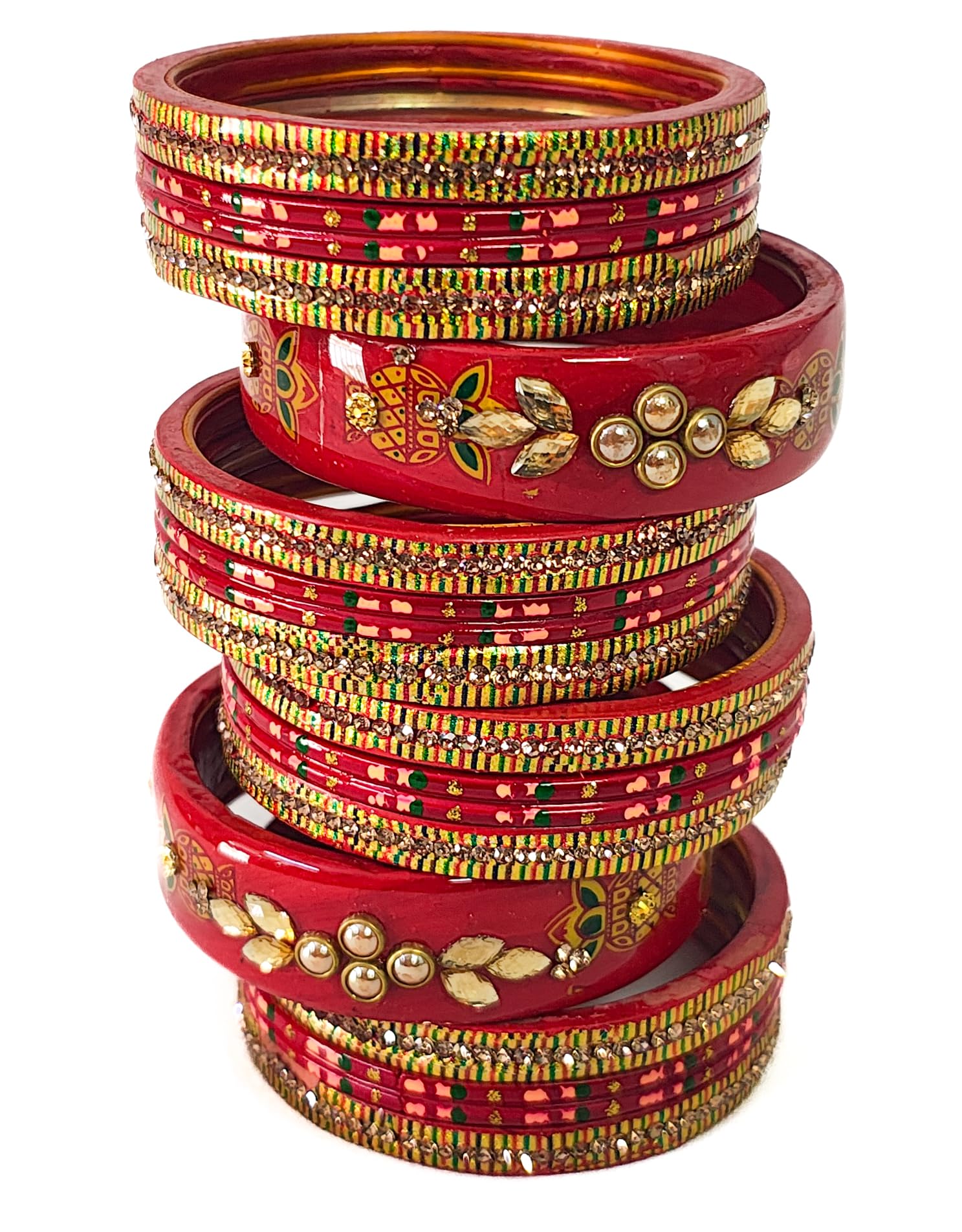swara creations Lah/Lac bangles red color Set, LAHTHI Churi Kundan work for Women and Girls(10 pcs)-picture-42