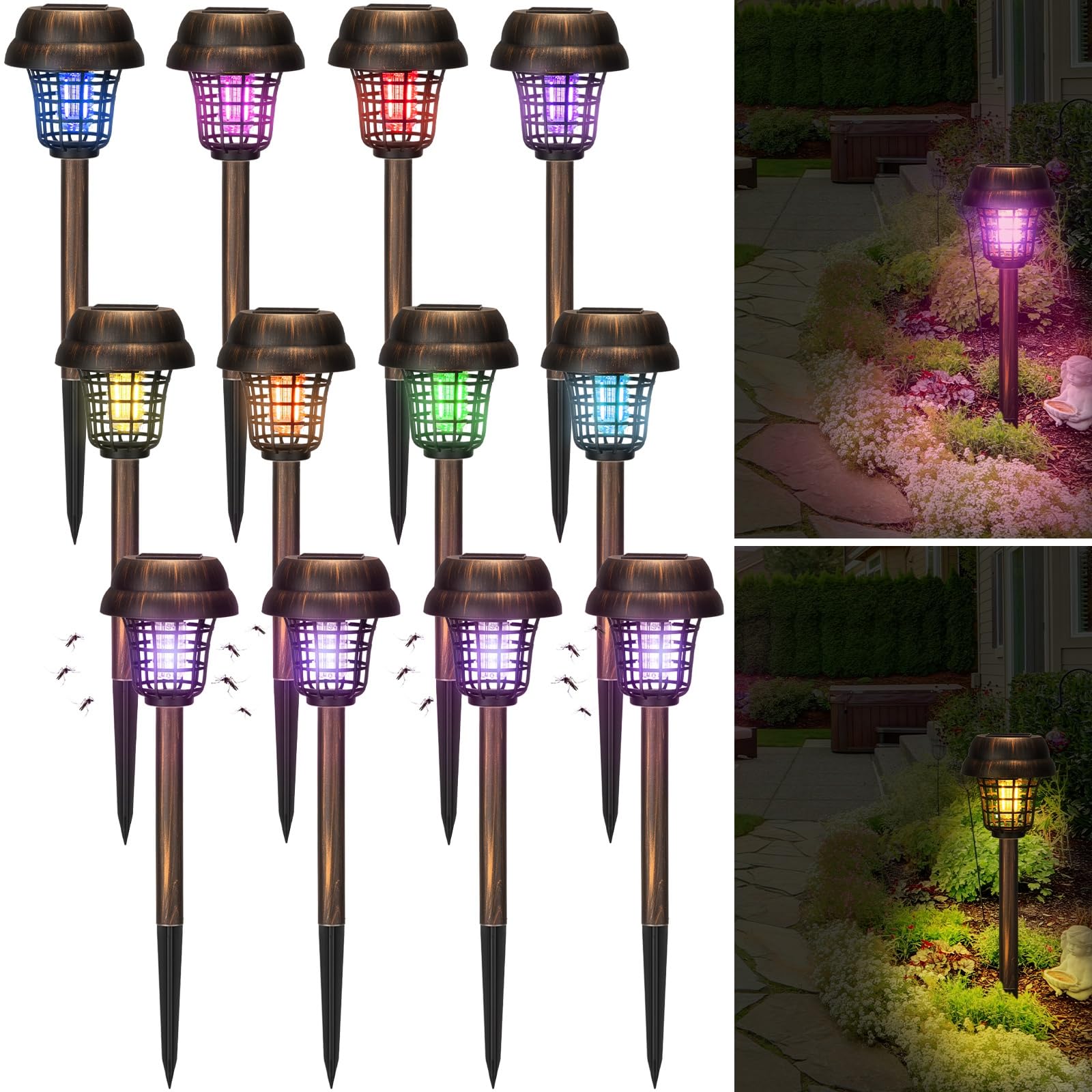 Qualirey Lampada antizanzare a energia solare, per esterni, impermeabile, a energia solare, per patio, cortile, giardino, insetti (viola/luce colorata, plastica)