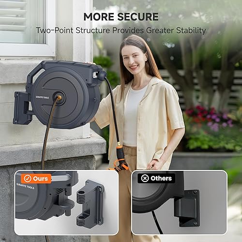 Miniatura 2 de Giraffe Tools Carrete de manguera de pared resistente, manguera retráctil de 5/8 pulgadas x 90 pies con rebobinado automático, giro de 180°, bloqueo